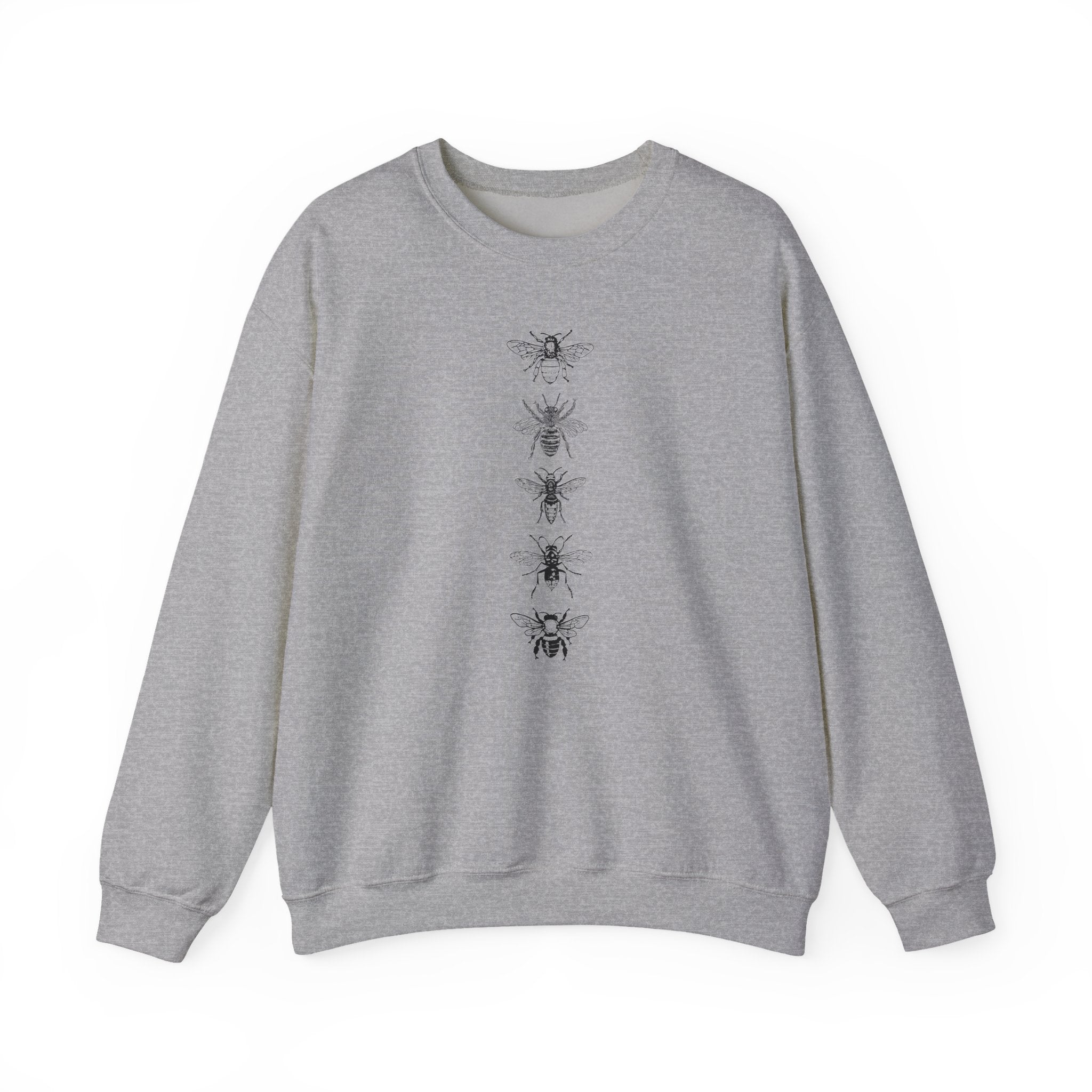 Gray sweatshirt with bee illustrations on a white background