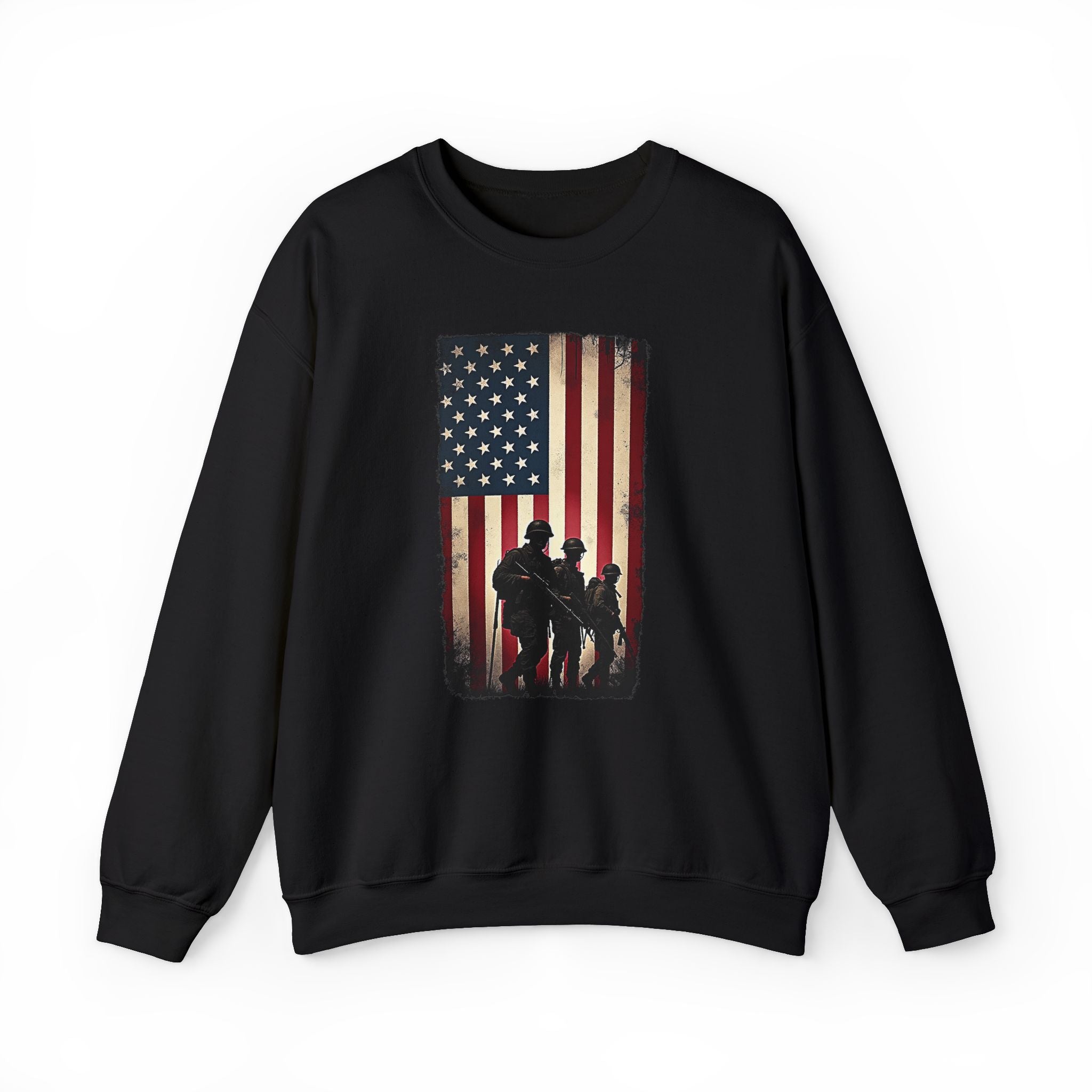 Black sweatshirt with American flag and silhouette design on a white background