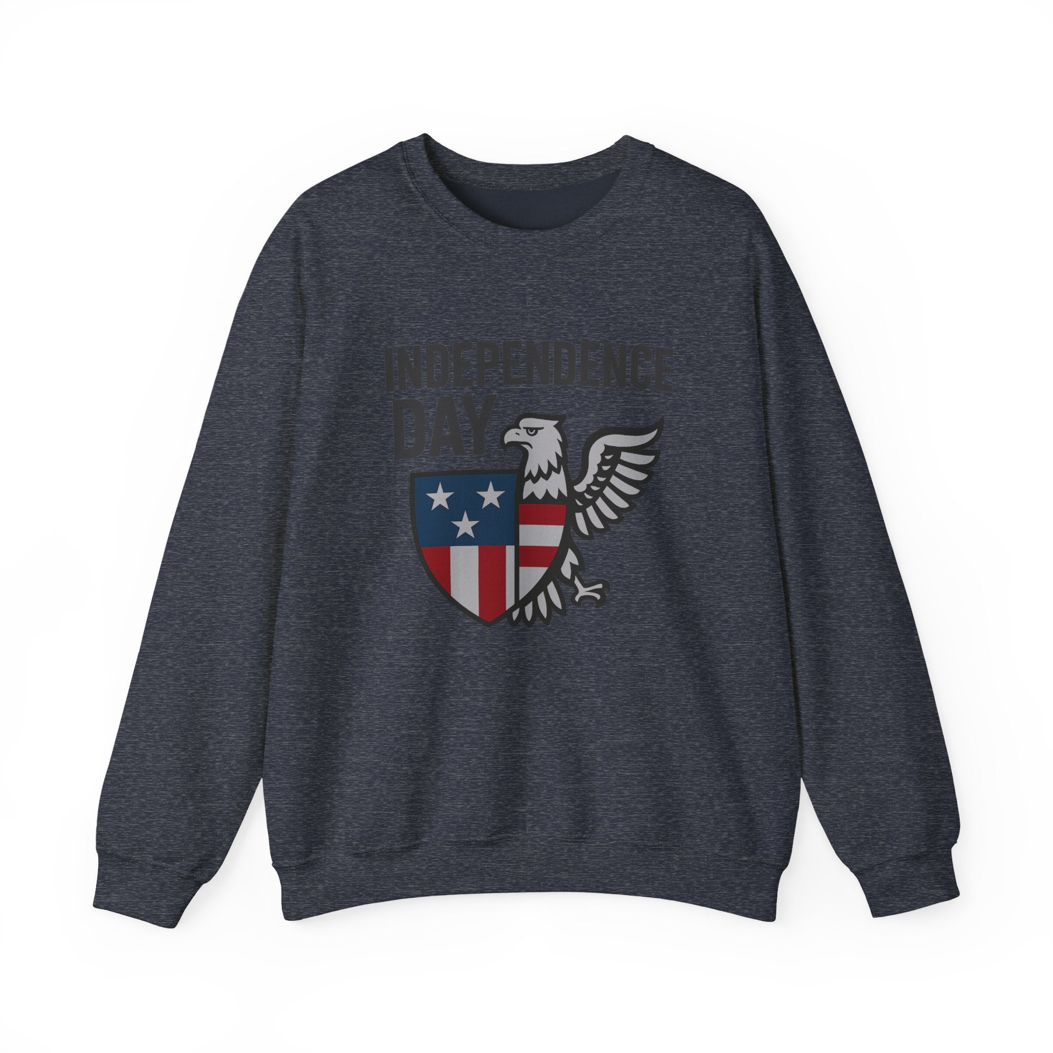 Gray sweatshirt with 'Independence Day' design featuring an eagle and shield on a white background