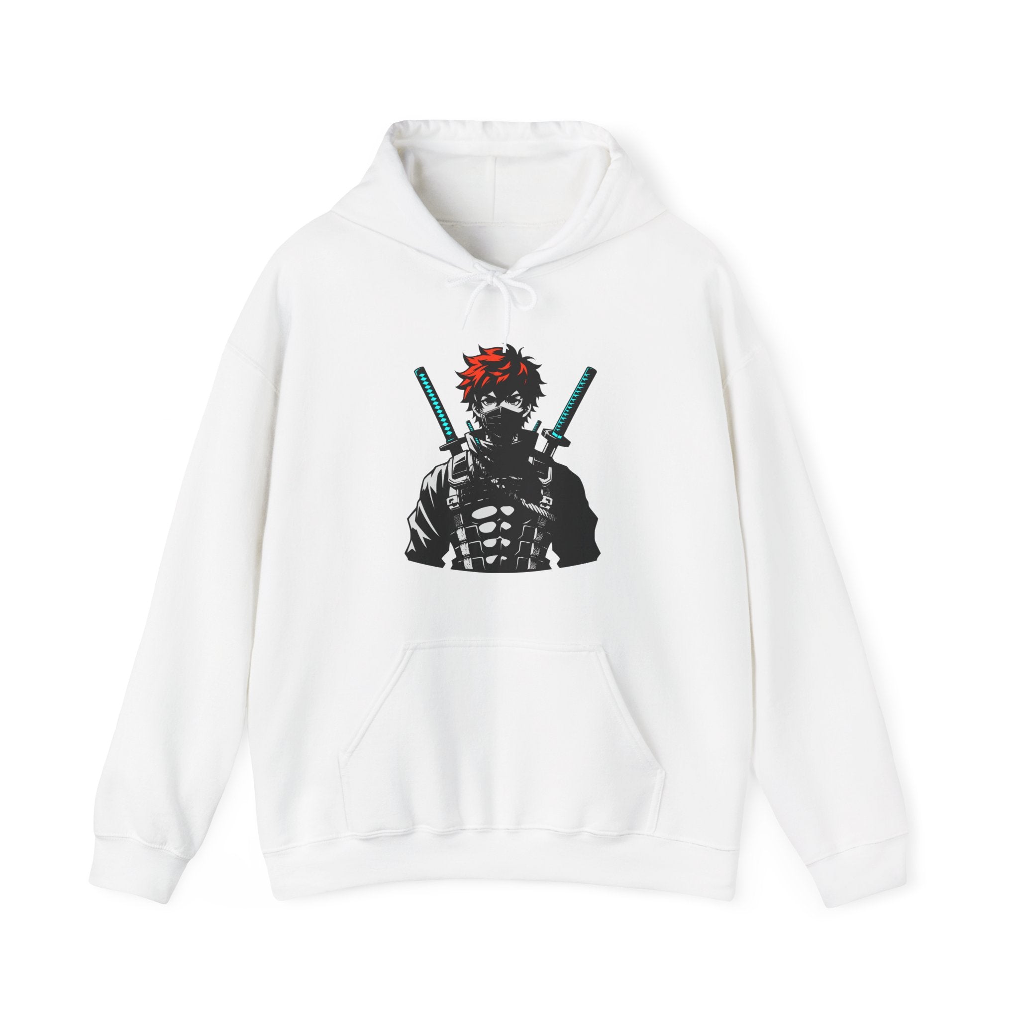 White hoodie with an anime graphic design on a white background