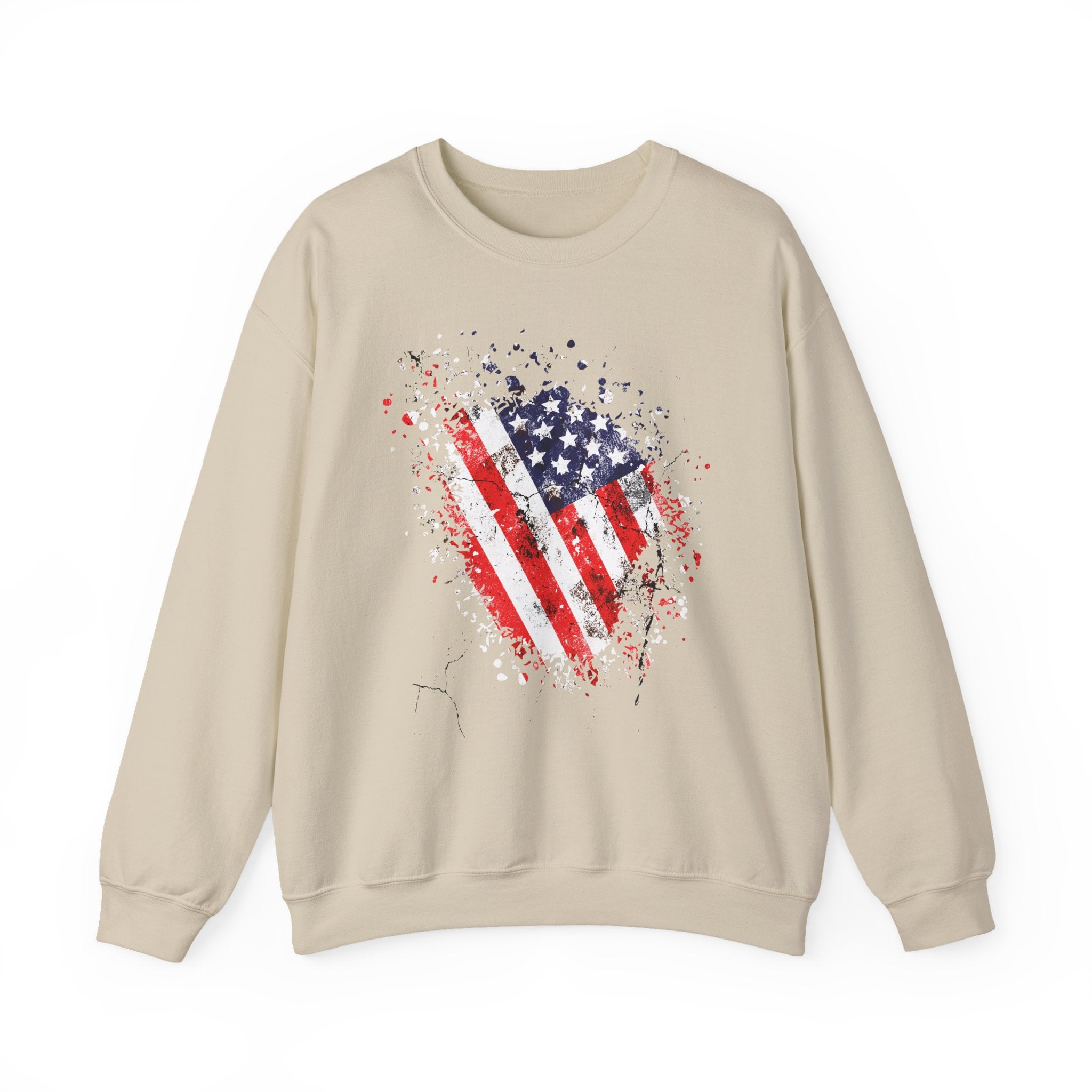 Beige sweatshirt with American flag graphic on a white background