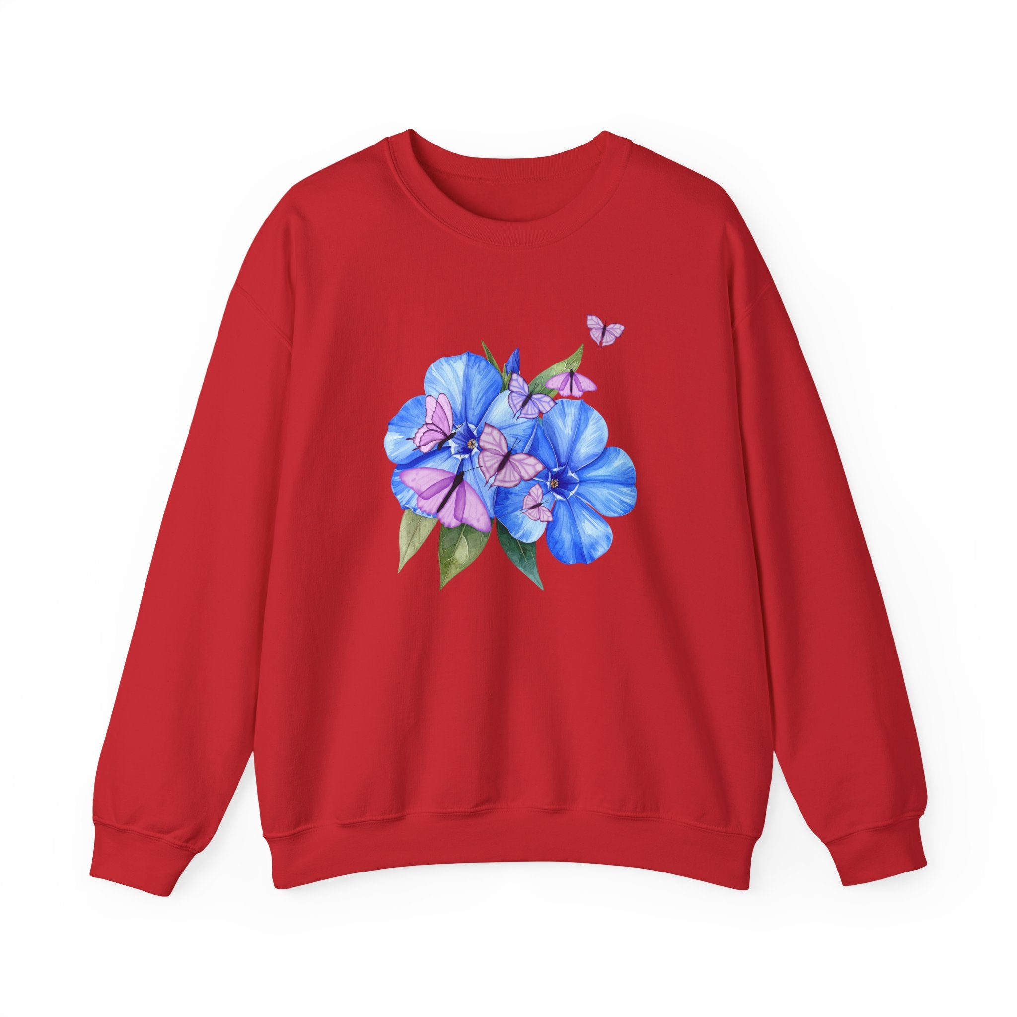 Red sweatshirt with blue floral design on a white background