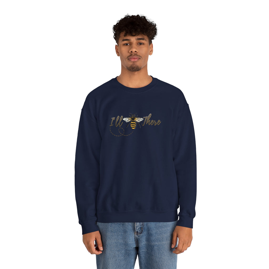 Man wearing a navy blue sweatshirt with bee graphic and 'Ill There' text on a white background