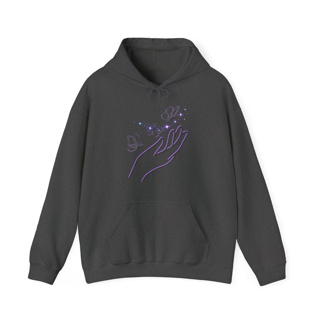 Dark gray hoodie with a hand and butterfly design on a white background