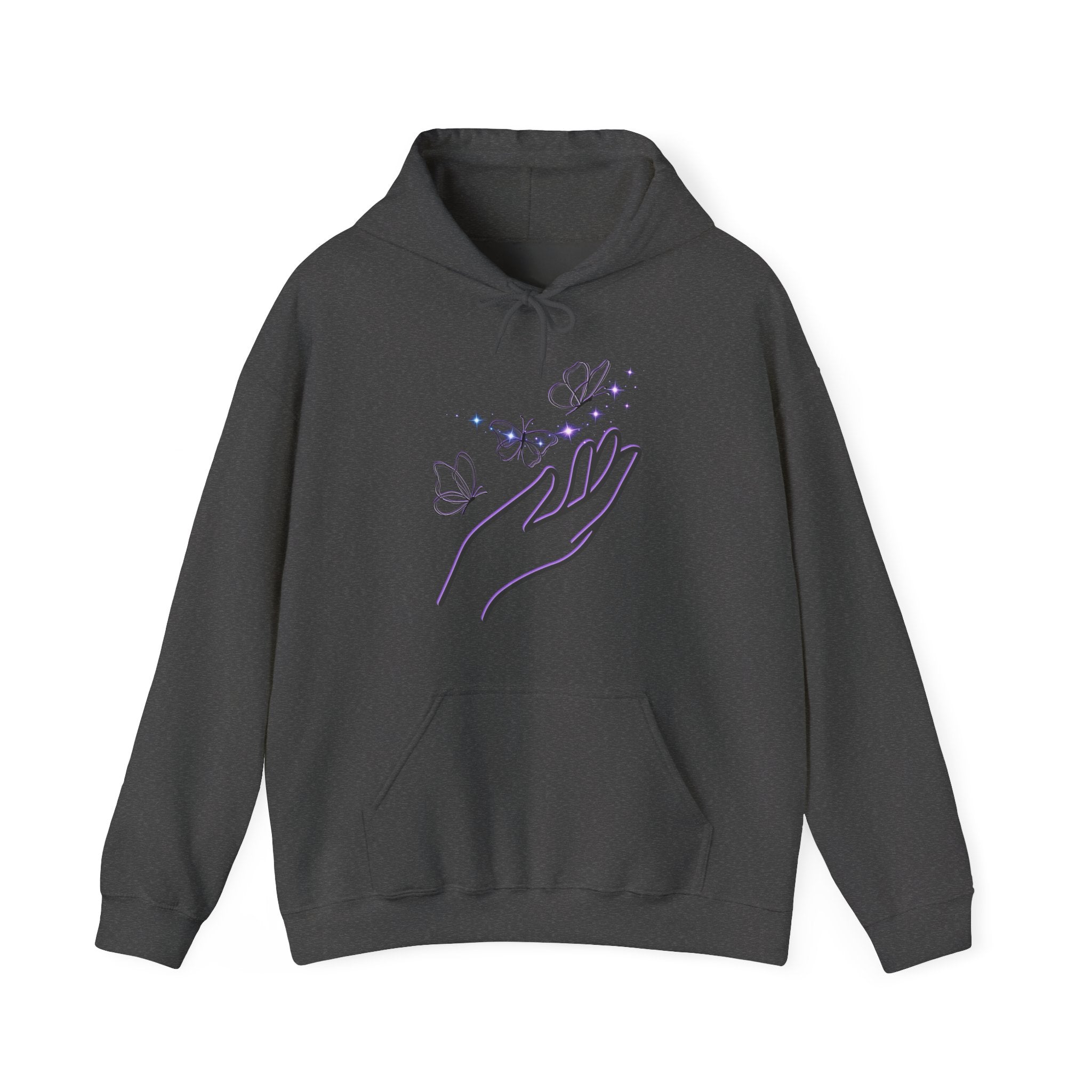 Dark gray hoodie with a hand and butterfly design on a white background