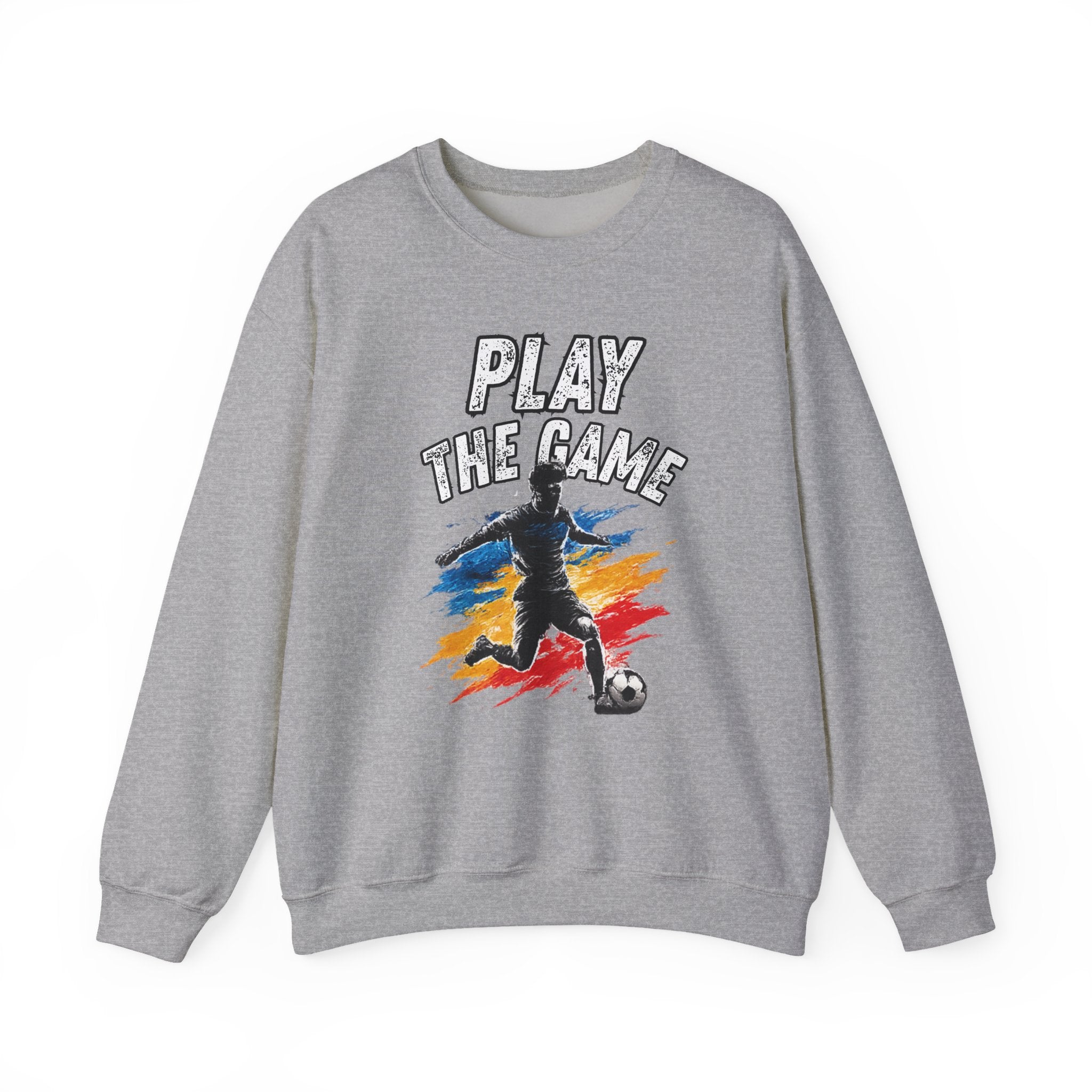 Grey sweatshirt featuring a graphic print of a soccer player kicking a ball with the text 'PLAY THE GAME' in white, set against a plain white background.