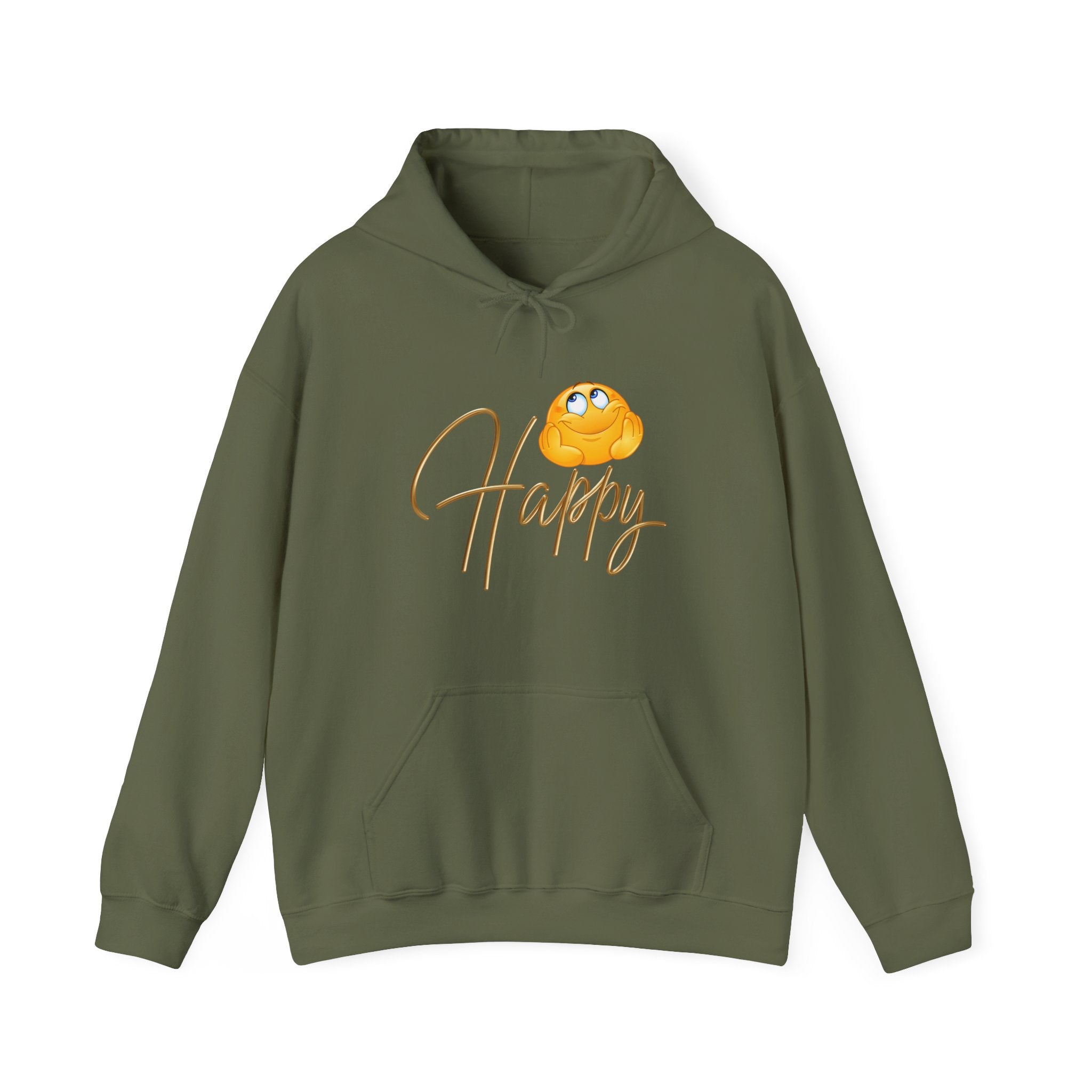 Green hoodie with a cartoon character and 'Happy' text on a white background