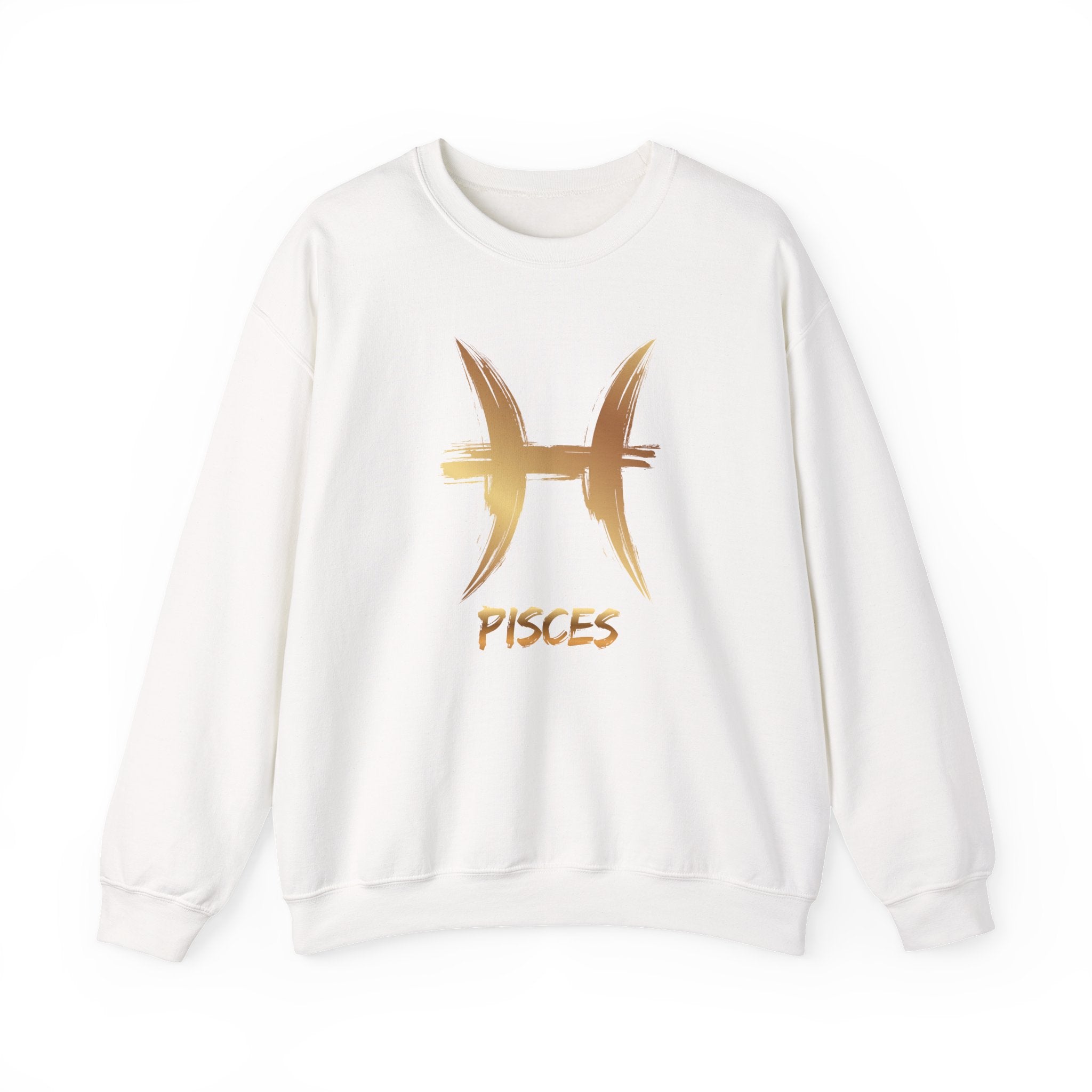 White sweatshirt with gold Pisces symbol and text on a white background