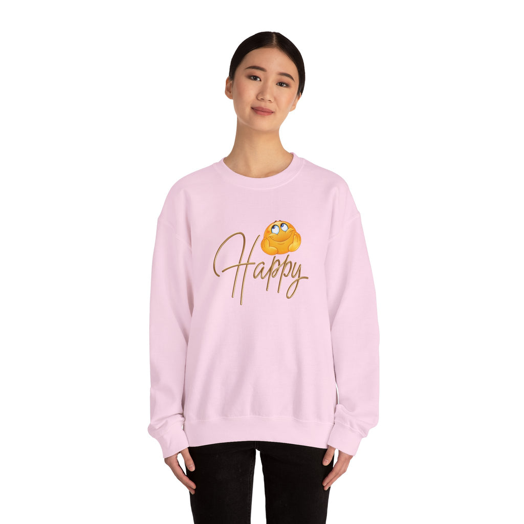 Person wearing a pink sweatshirt with a gold design and text on a white background