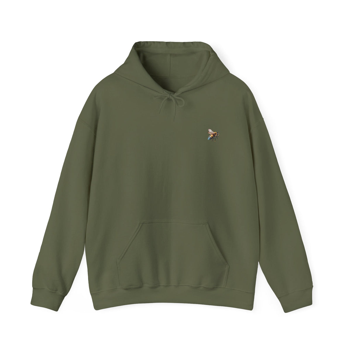 Military green hoodie with a small bee logo on a white background