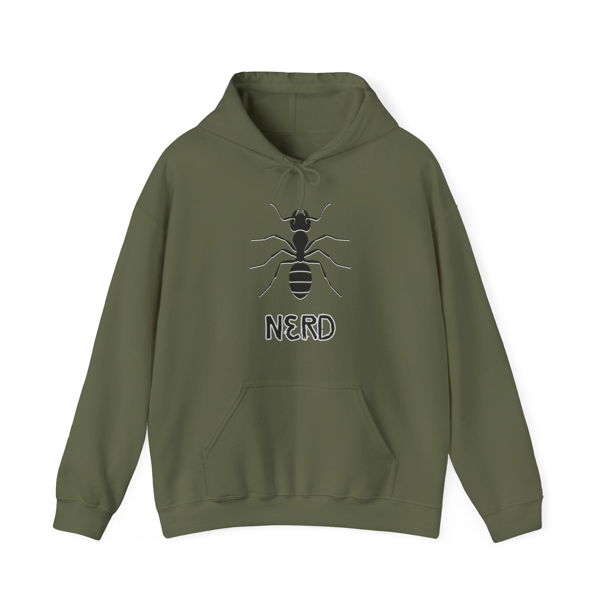 Military green  hoodie with ant and 'NERD' text design on a white background