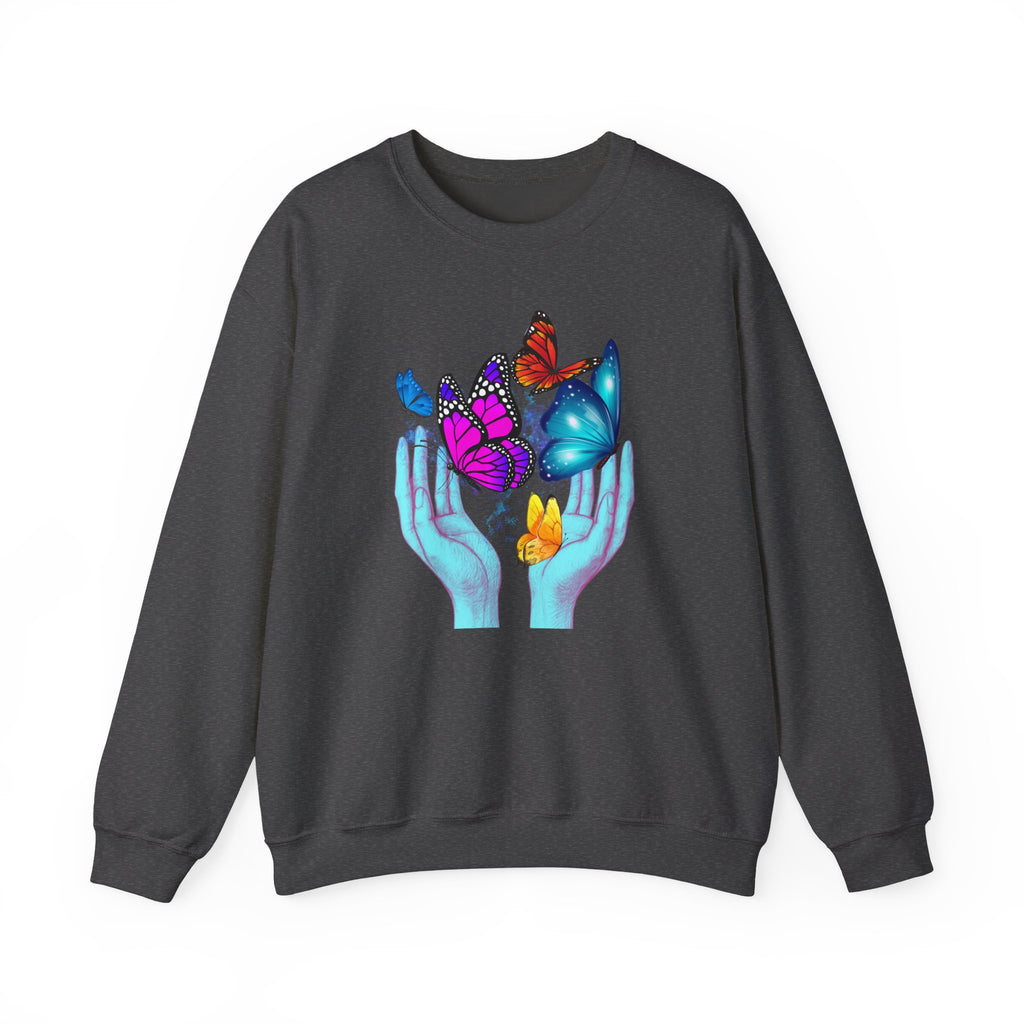 Dark grey sweatshirt with colorful butterfly design on a white background