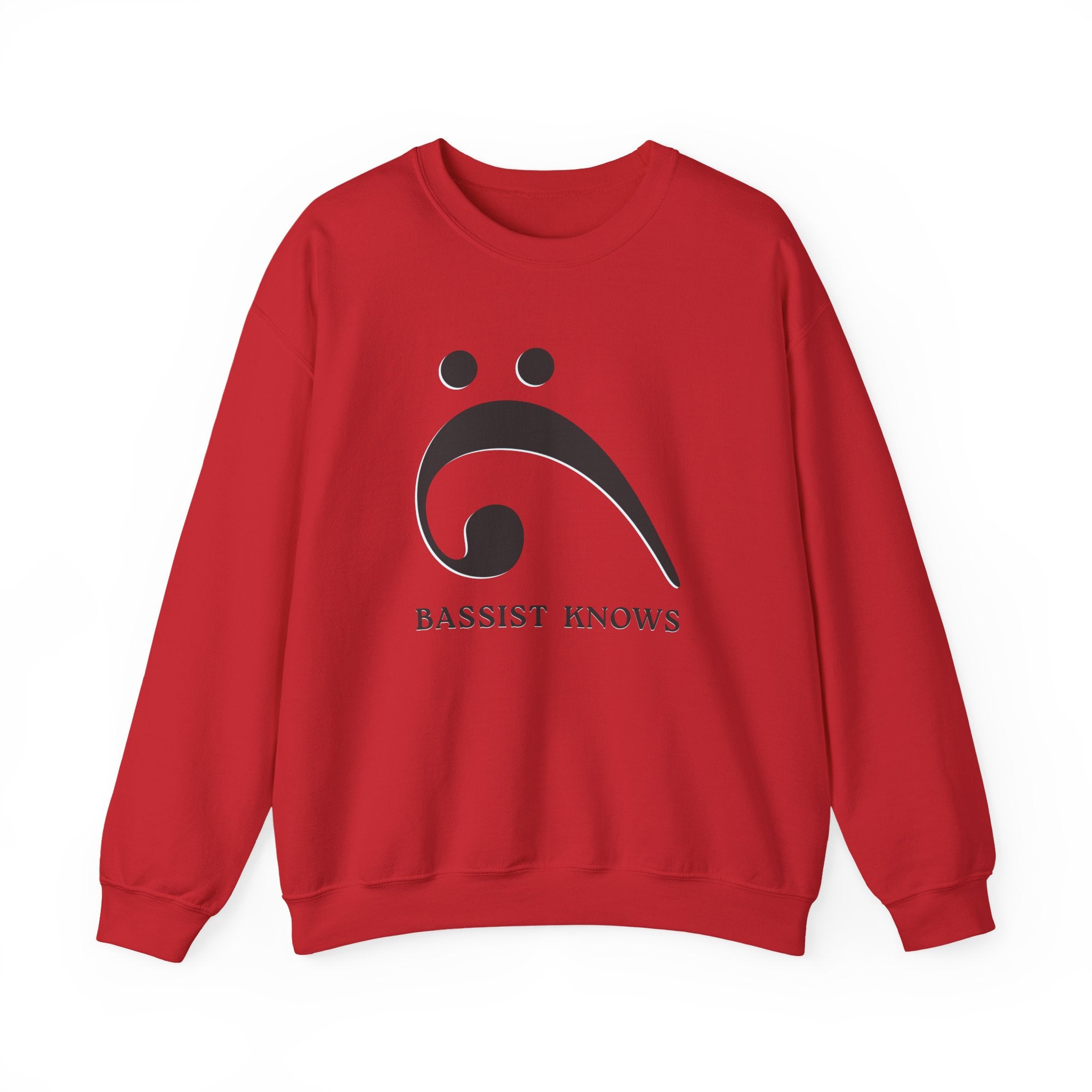 Red sweatshirt with a black bass clef graphic and "Bassist Knows" text on a white background