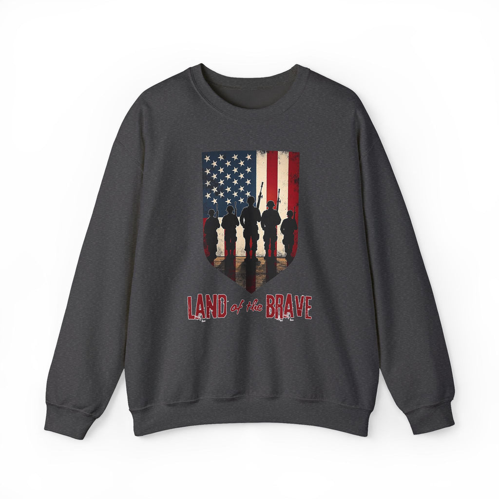 Dark gray sweatshirt with American flag and silhouette design on a white background