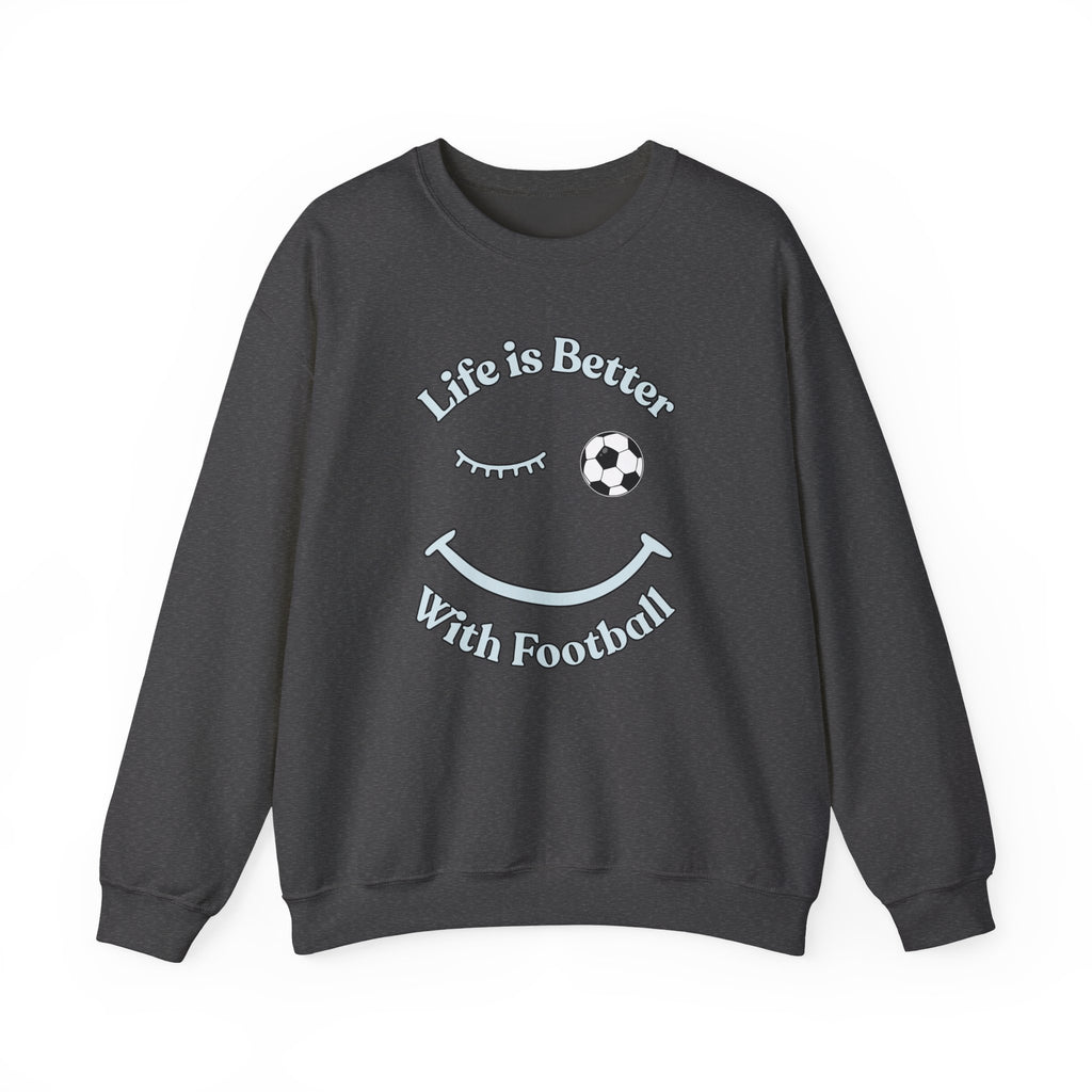 Dark gray sweatshirt with a smiley face and 'Life is Better With Football' text on a white background