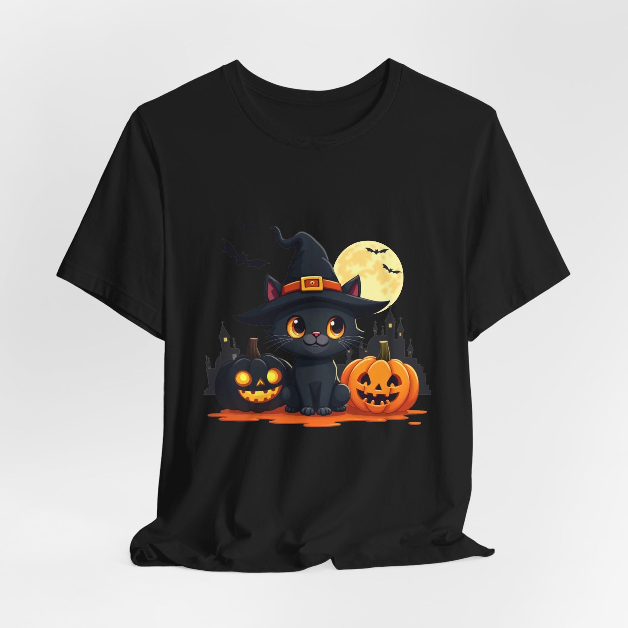 Halloween Cat with Black and Orange Pumpkins T-shirt for Men and Women