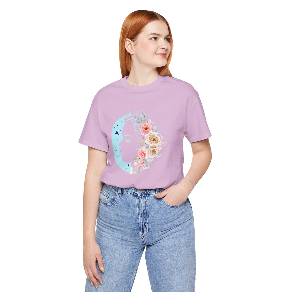 Person wearing a purple t-shirt with a floral design on a white background