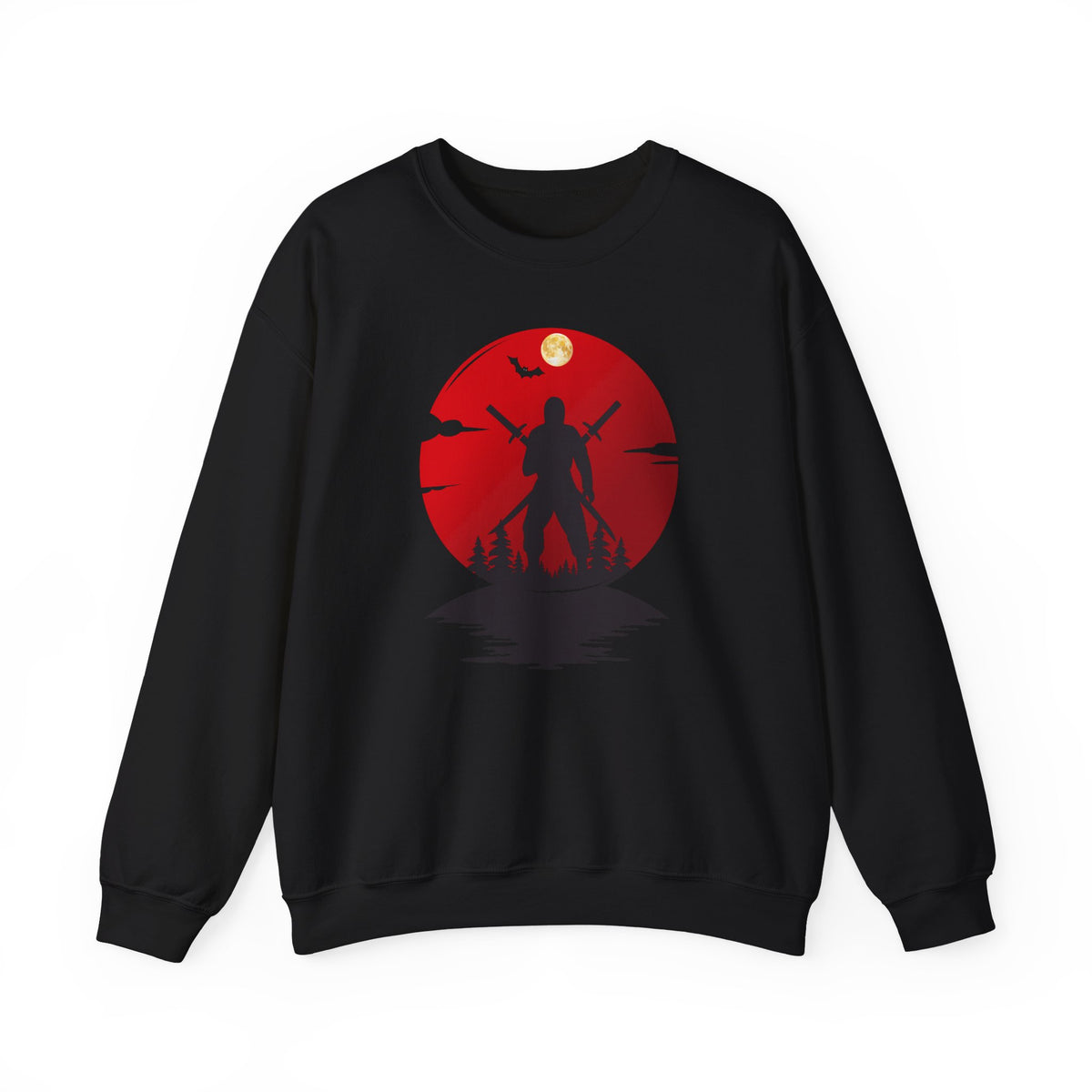 Black sweatshirt with a red and black ninja graphic design on a white background