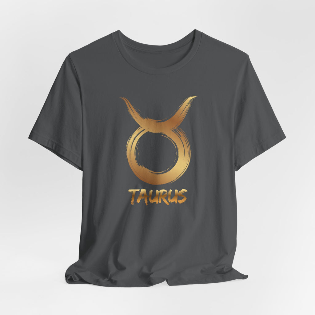 Black t-shirt with gold Taurus zodiac symbol on a white background