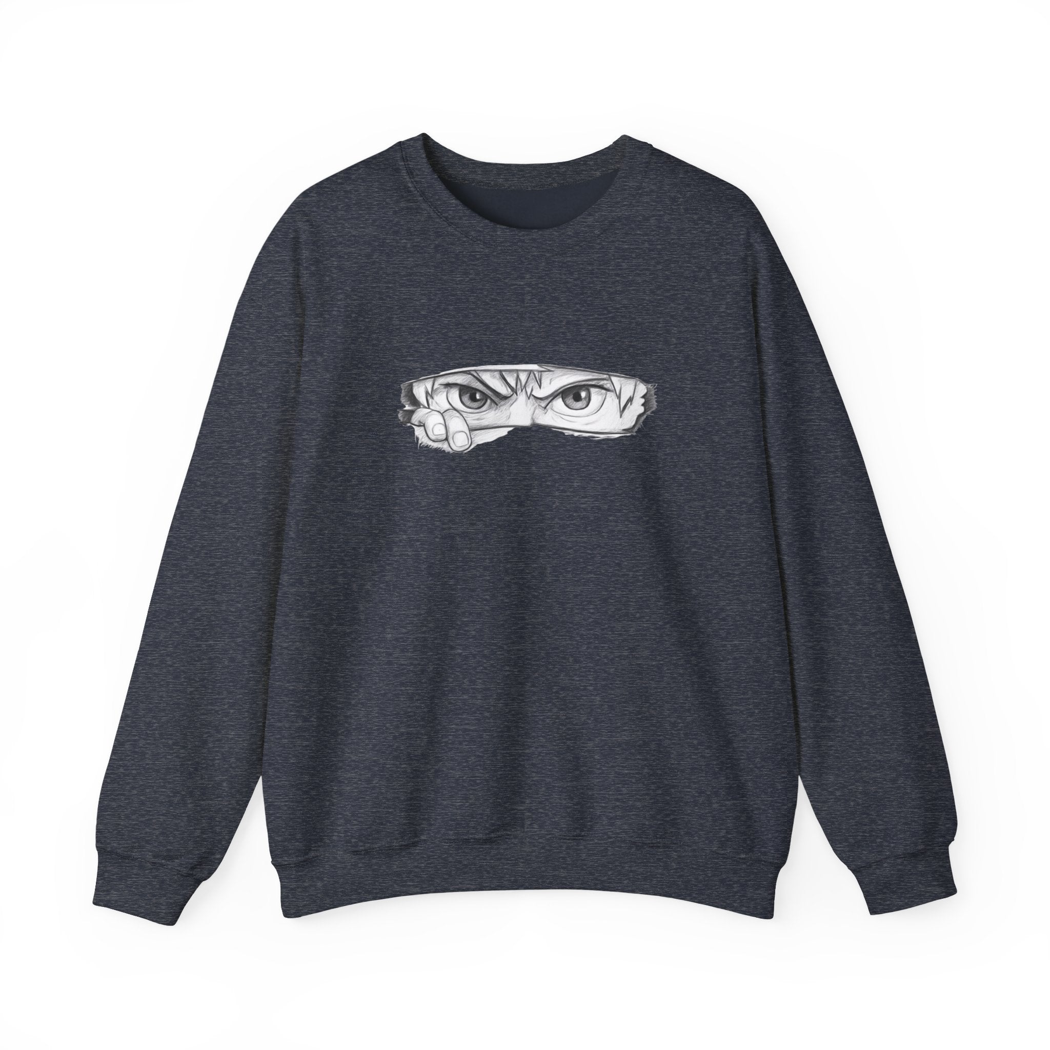 Dark navy sweatshirt with a anime eyes design on a white background