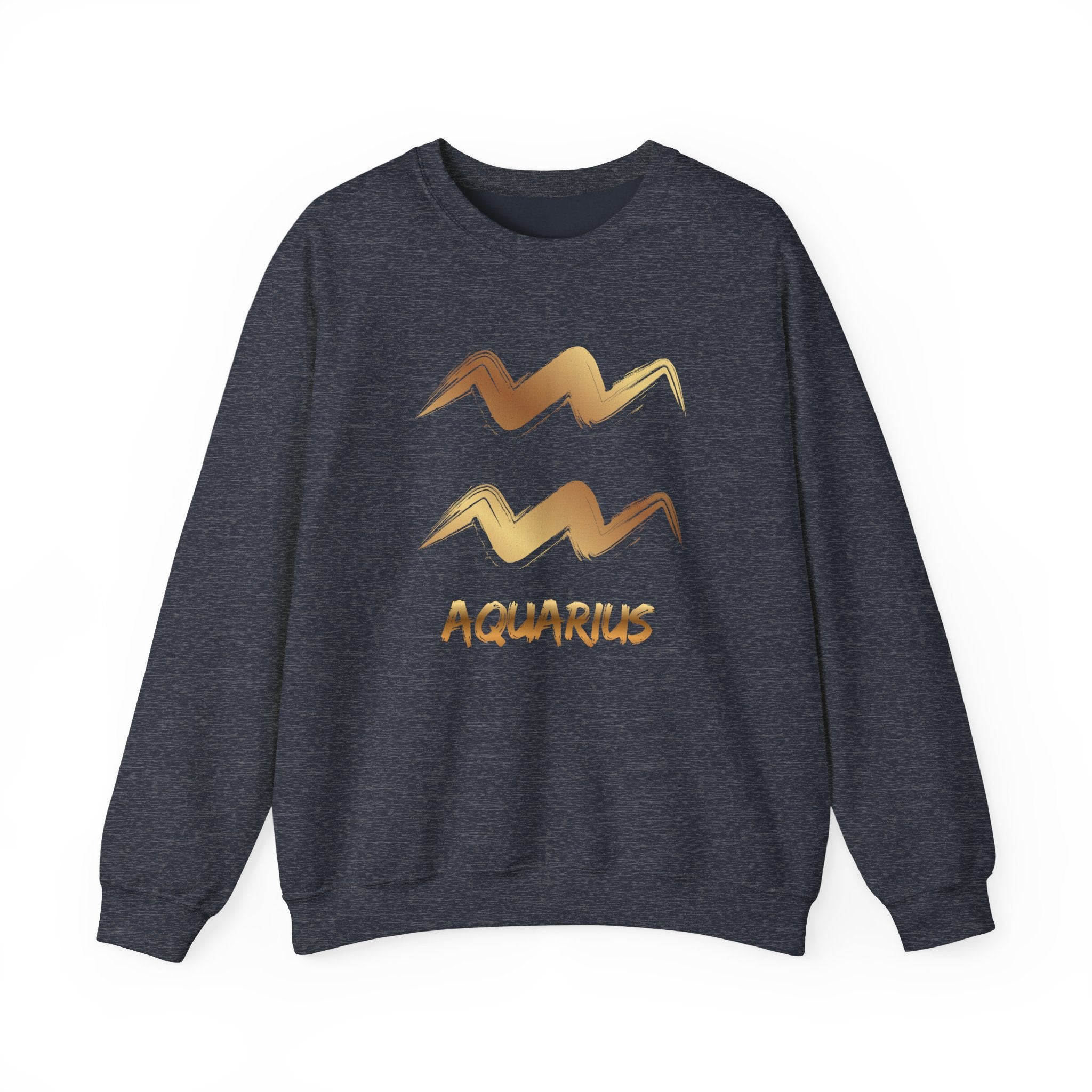 Dark navy sweatshirt with gold Aquarius design on a white background