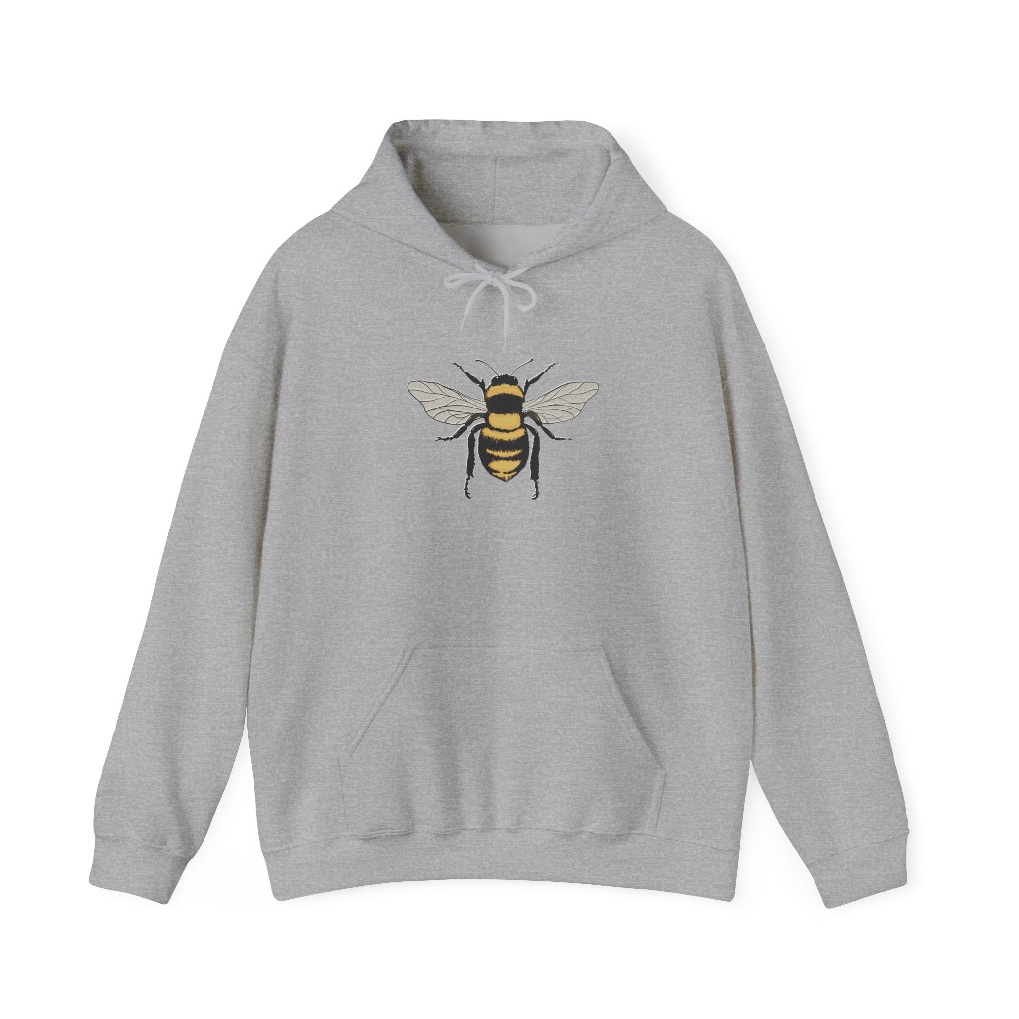 Gray hoodie with a bee design on a white background