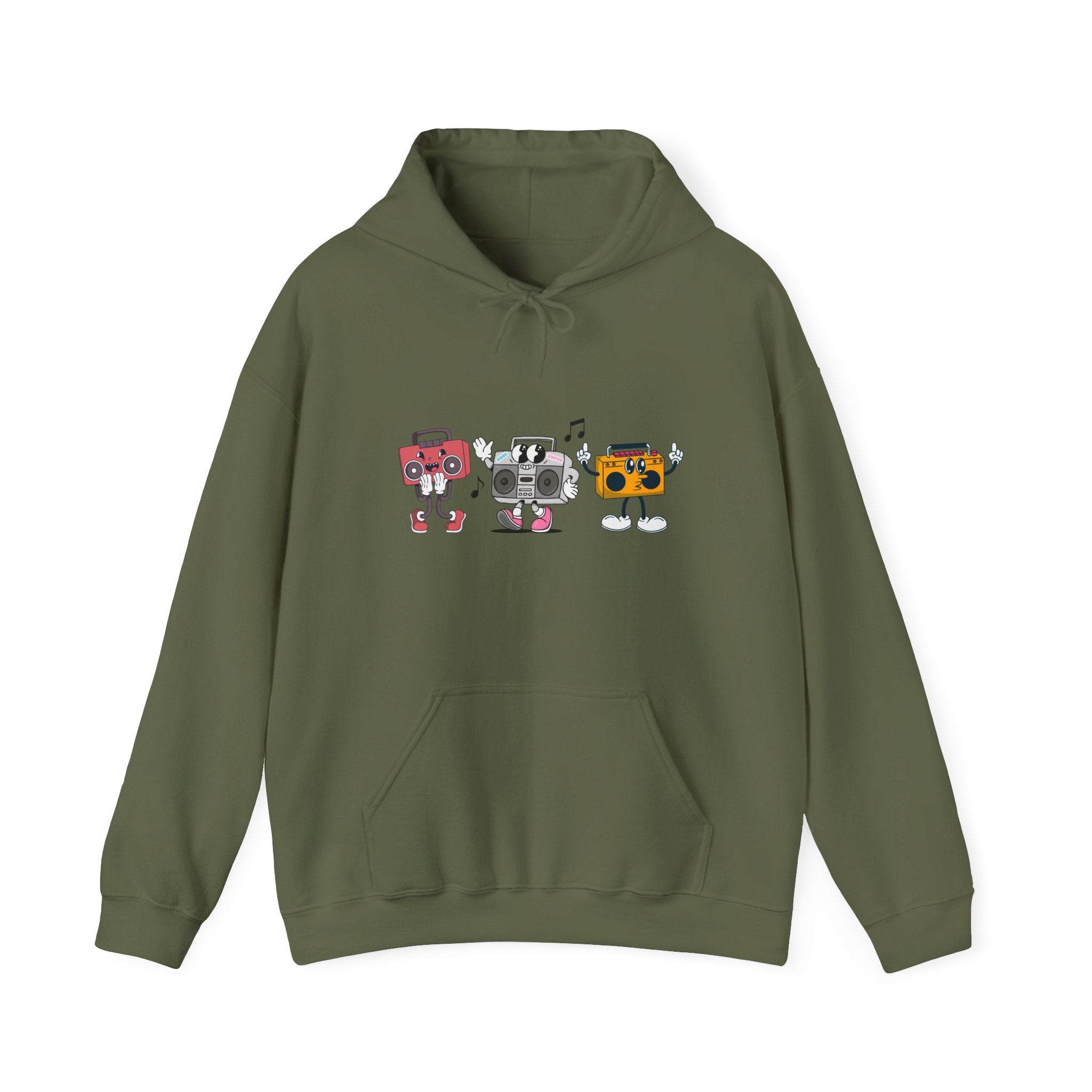 Green hoodie with cartoon robot design on a white background