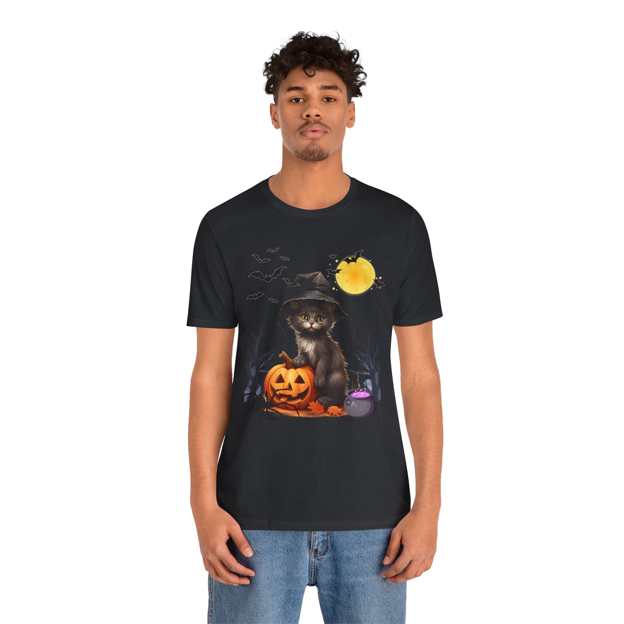 Halloween Cat with Bats, Pumpkin, Moon and Spider T-shirt
