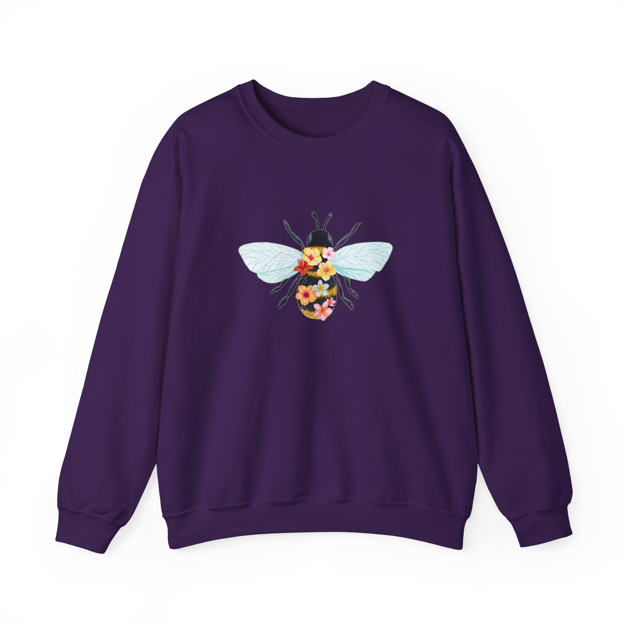 Purple sweatshirt with a bee design on a white background
