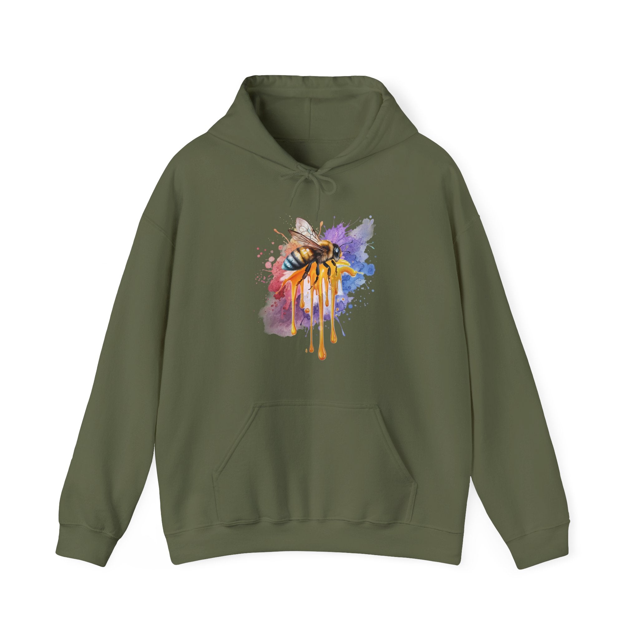 Military green hoodie with a colorful bee design on a white background