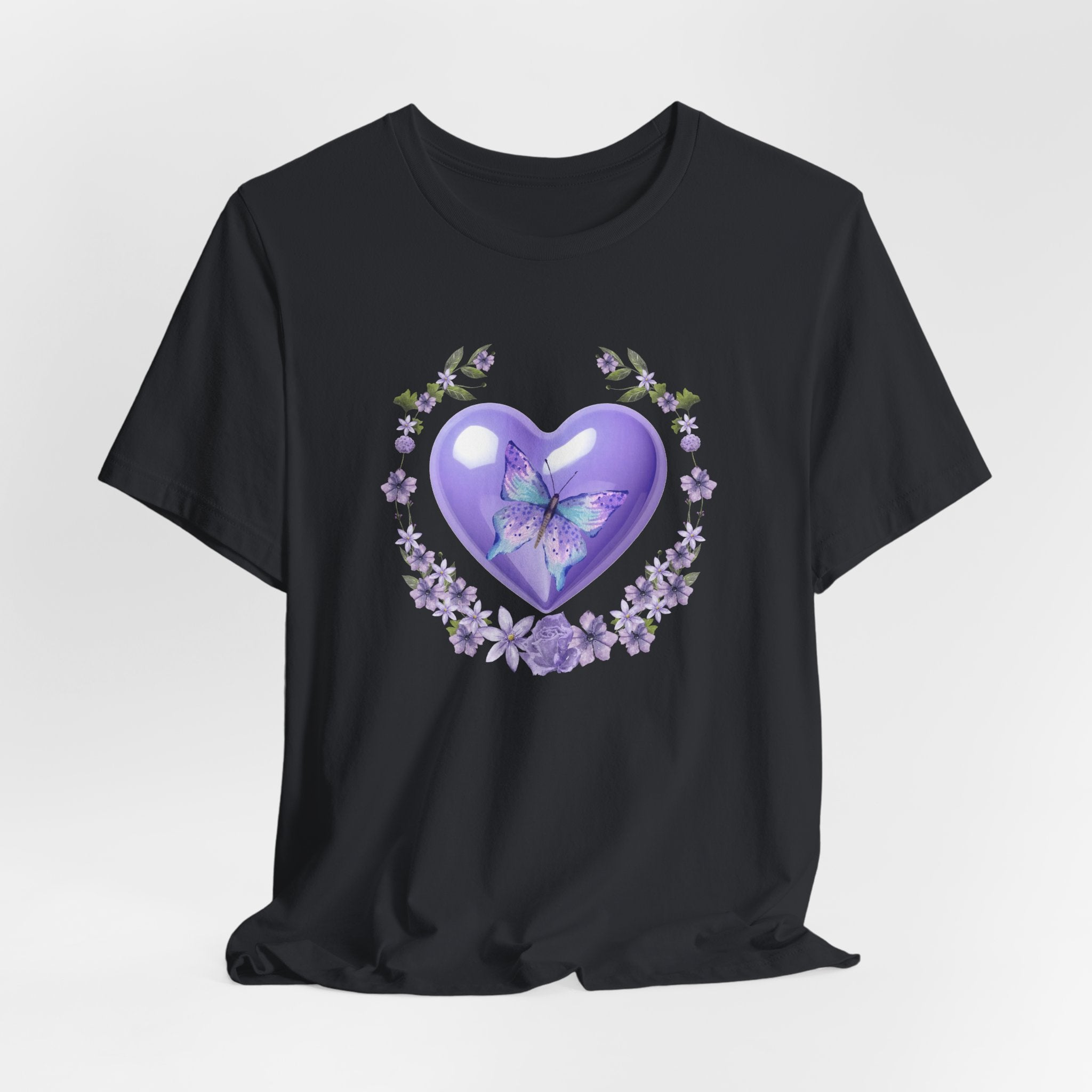 Black t-shirt with a purple heart and butterfly design on a white background