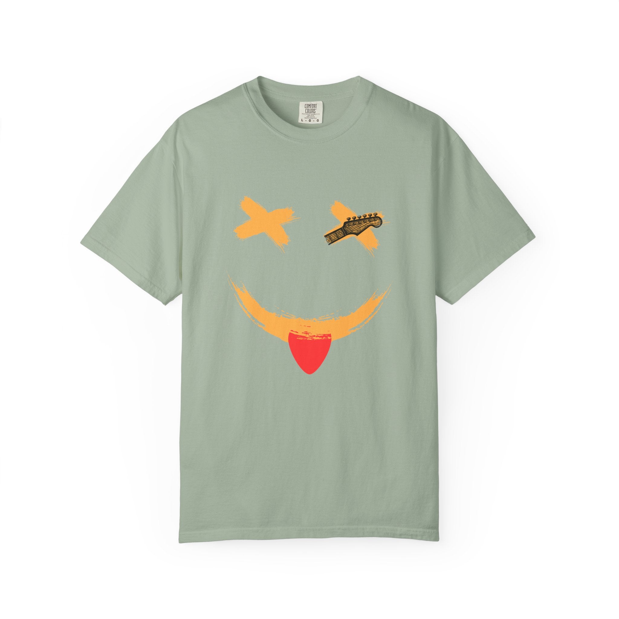 Green t-shirt with a smiley face design on a white background