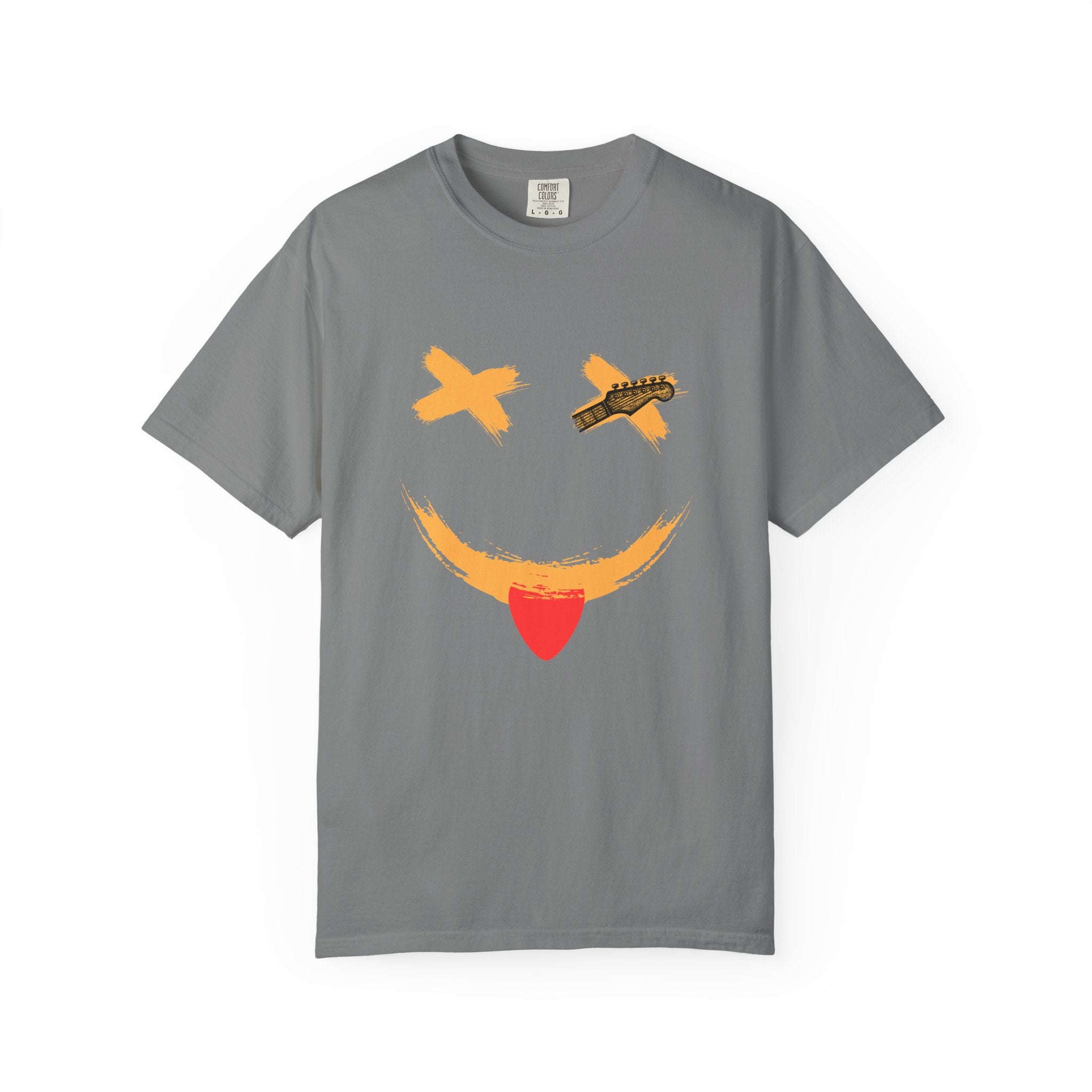 Gray t-shirt with a smiley face design on a white background