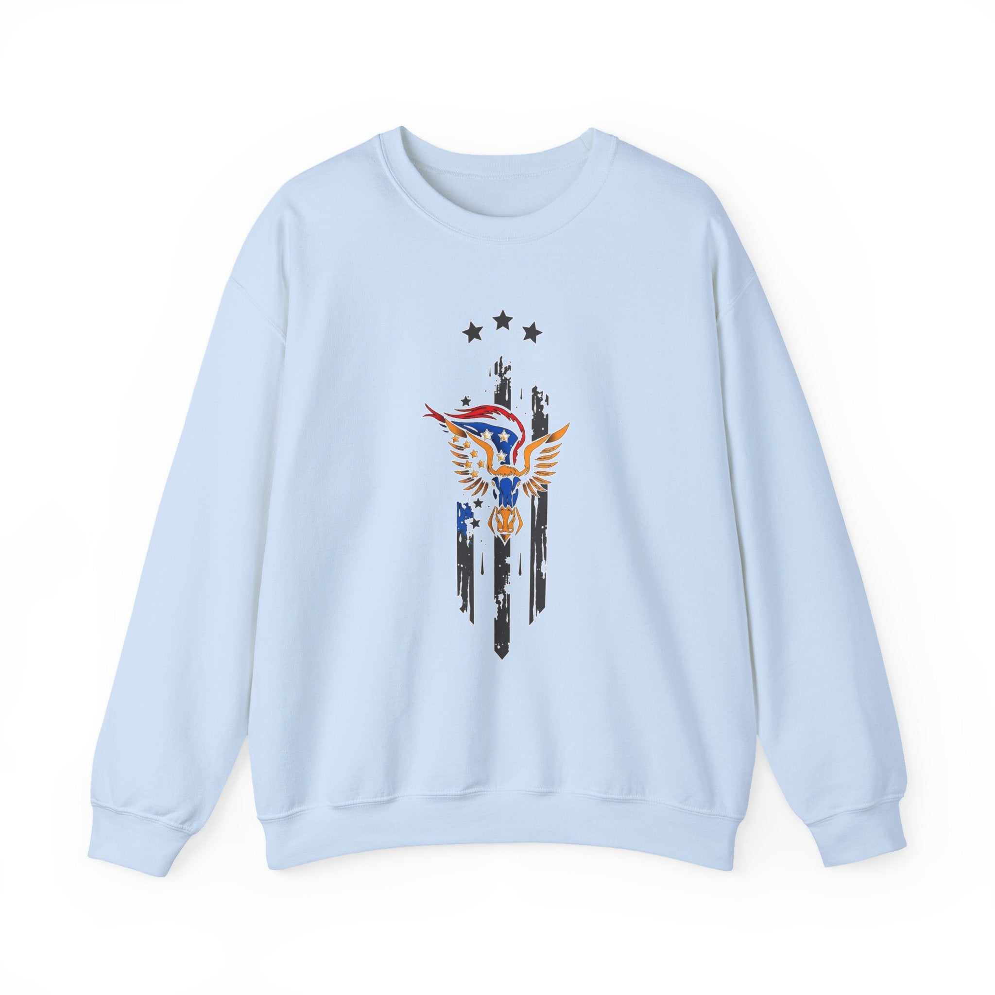 Light blue sweatshirt with a graphic design on a white background