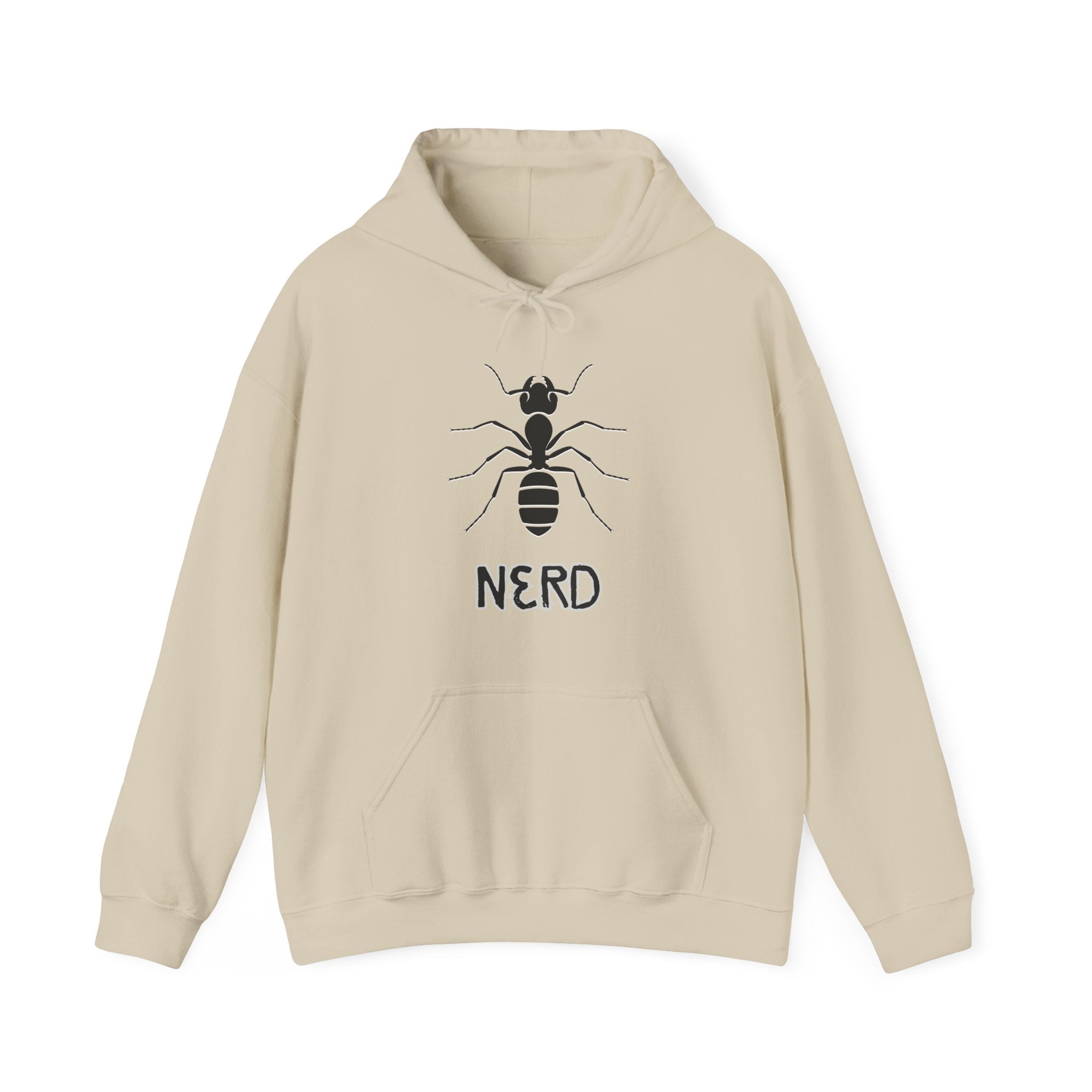 Beige hoodie with ant and 'NERD' text design on a white background