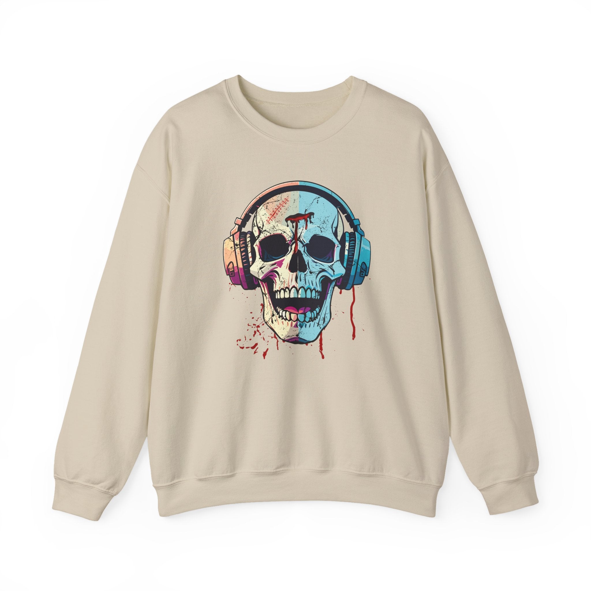 Beige sweatshirt with a colorful skull design wearing headphones on a white background