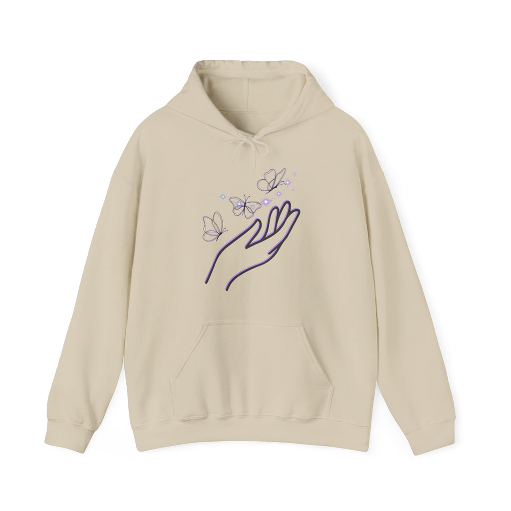 Beige hoodie with a hand and butterfly design on a white background