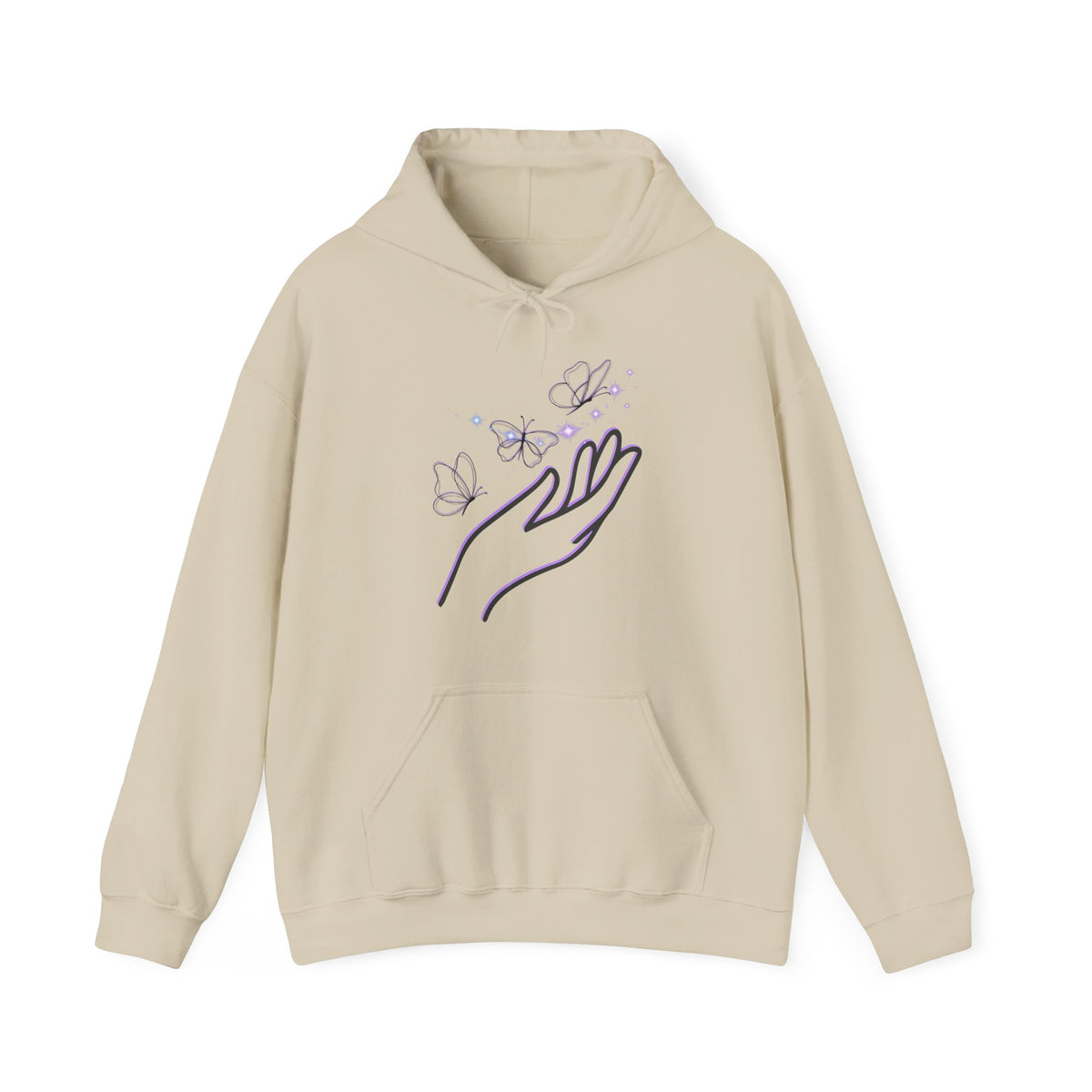 Beige hoodie with a hand and butterfly design on a white background