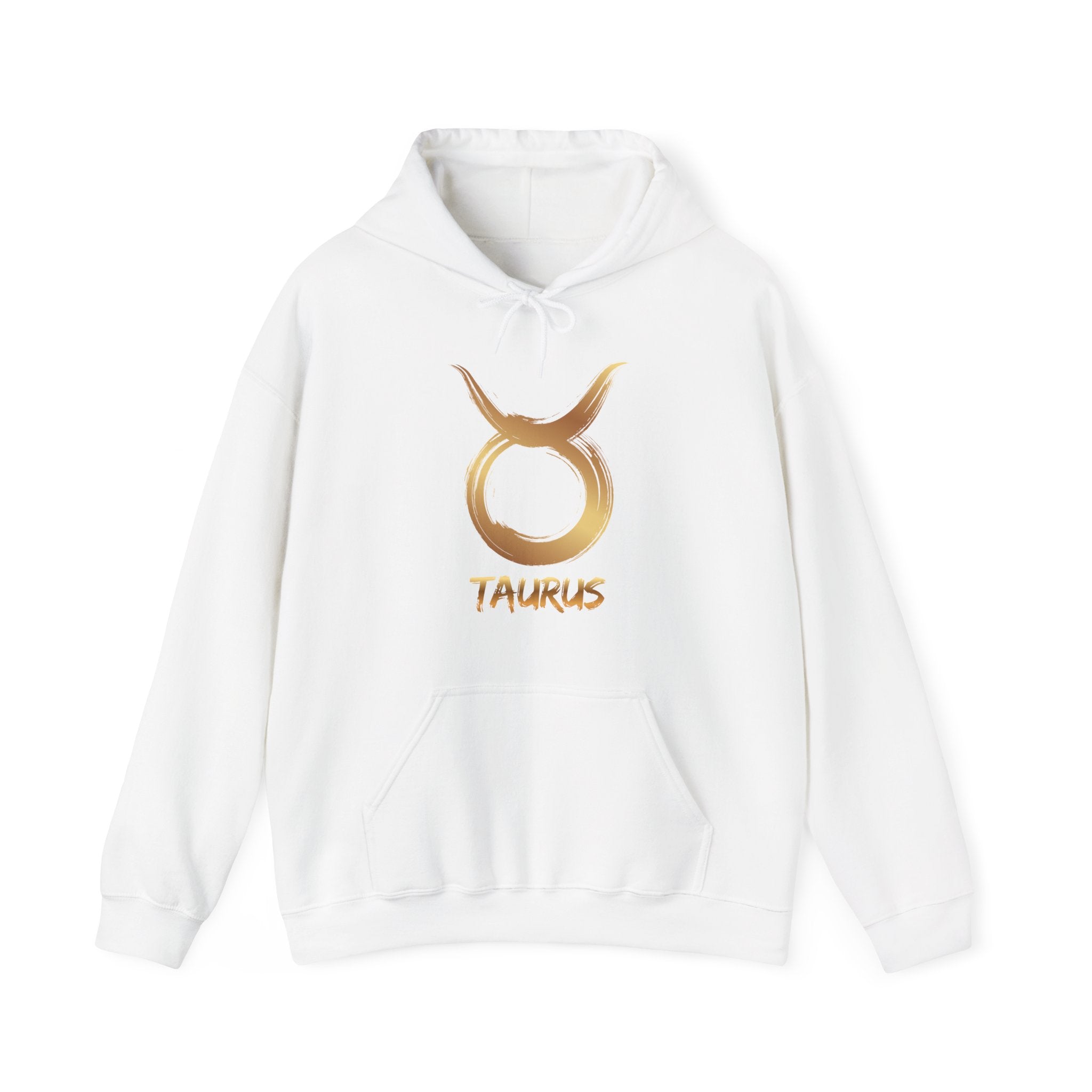 White hoodie with gold Taurus symbol and text on a white background