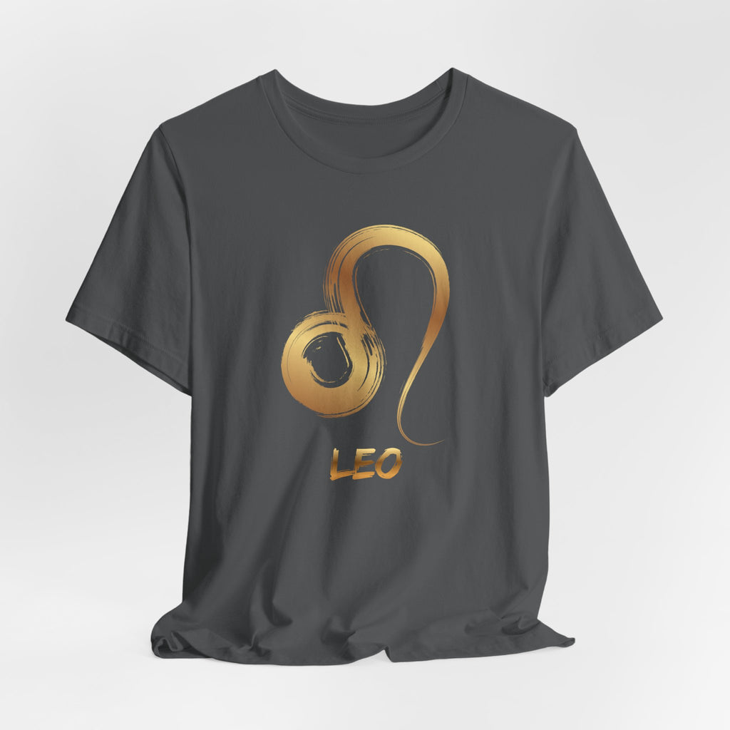 Gray t-shirt with a gold Leo zodiac symbol on a white background