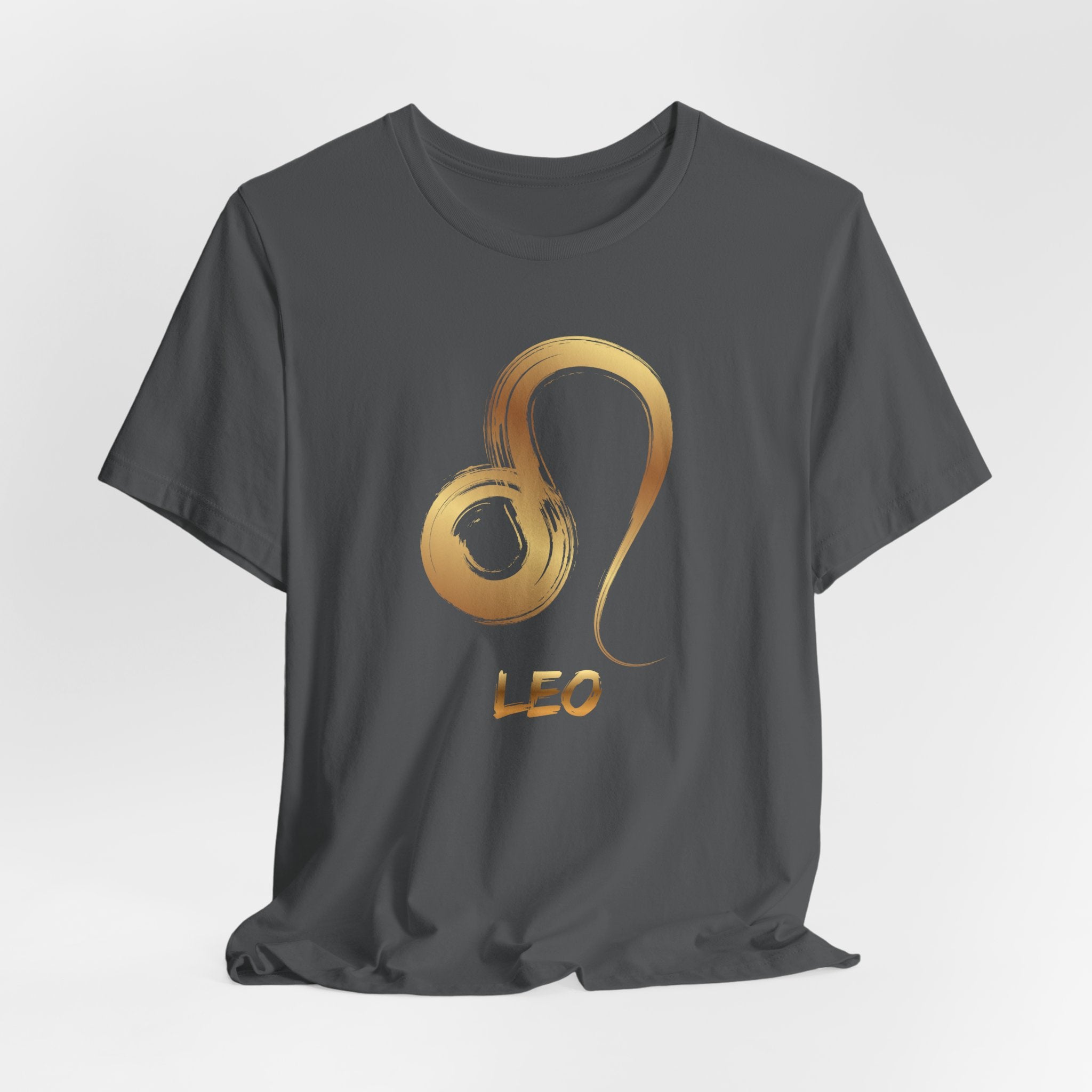 Gray t-shirt with a gold Leo zodiac symbol on a white background