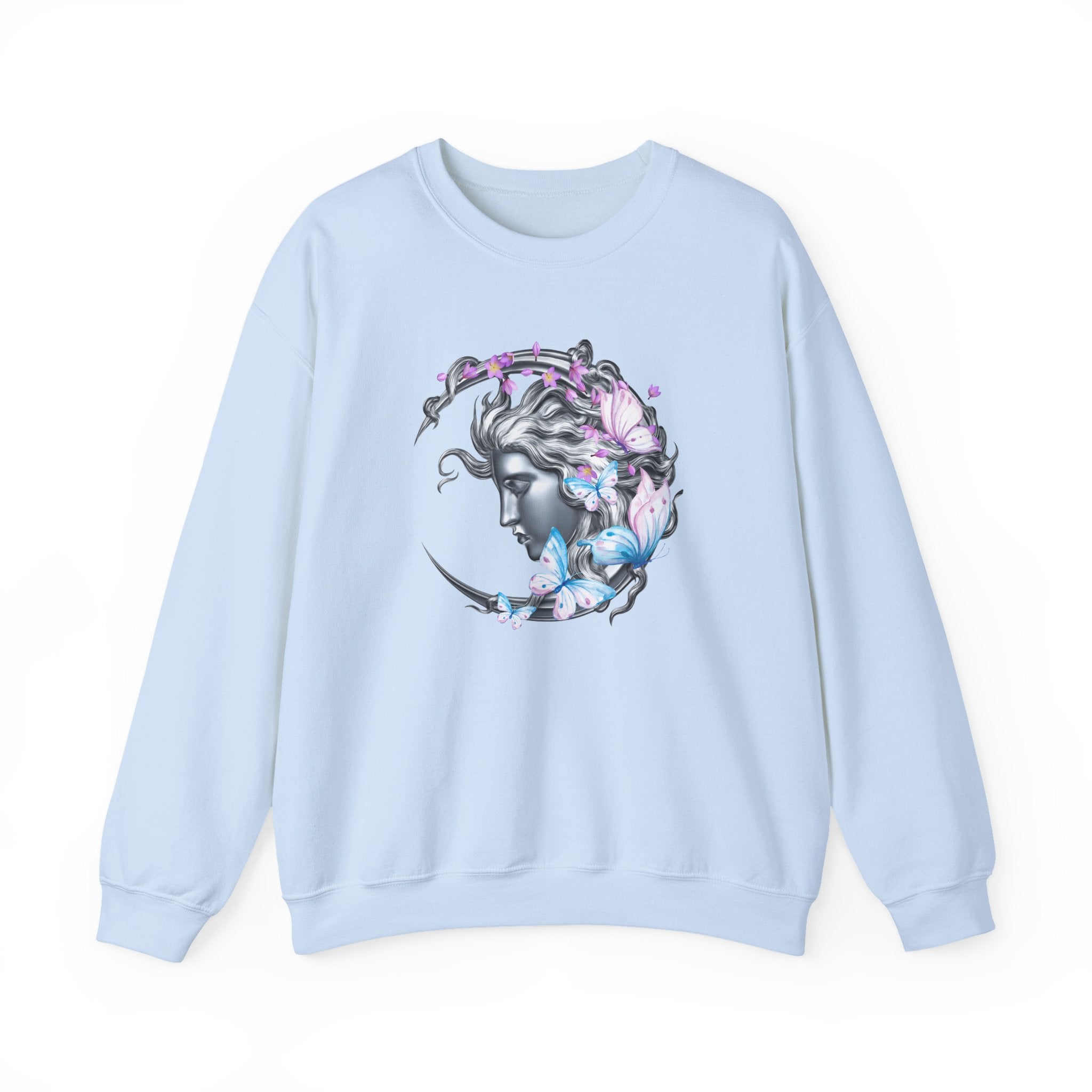 Light blue sweatshirt with a graphic design of a woman's face surrounded by butterflies on a white background.