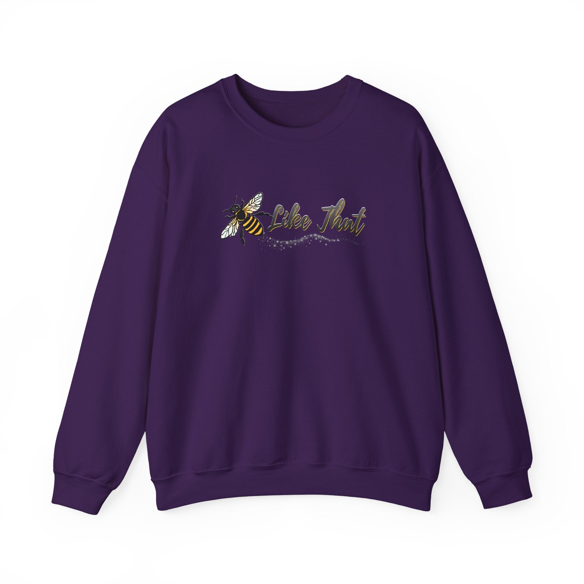 Purple sweatshirt with bee graphic and 'Like That' text on a white background