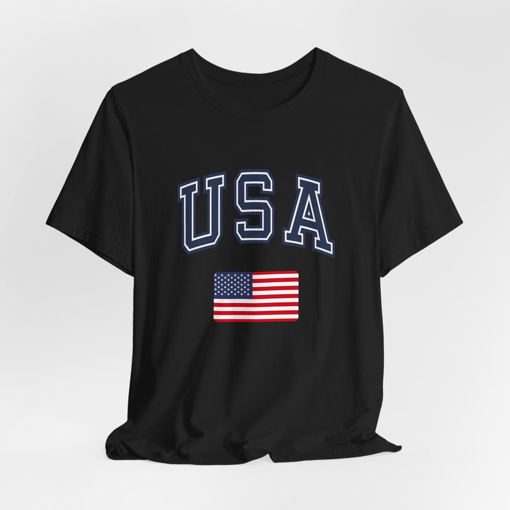 Black t-shirt with 'USA' text and American flag on a white background