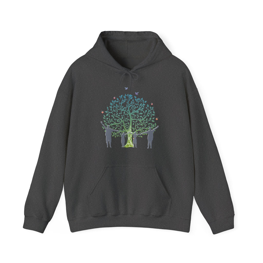Dark gray hoodie with a graphic of people around a tree on a white background
