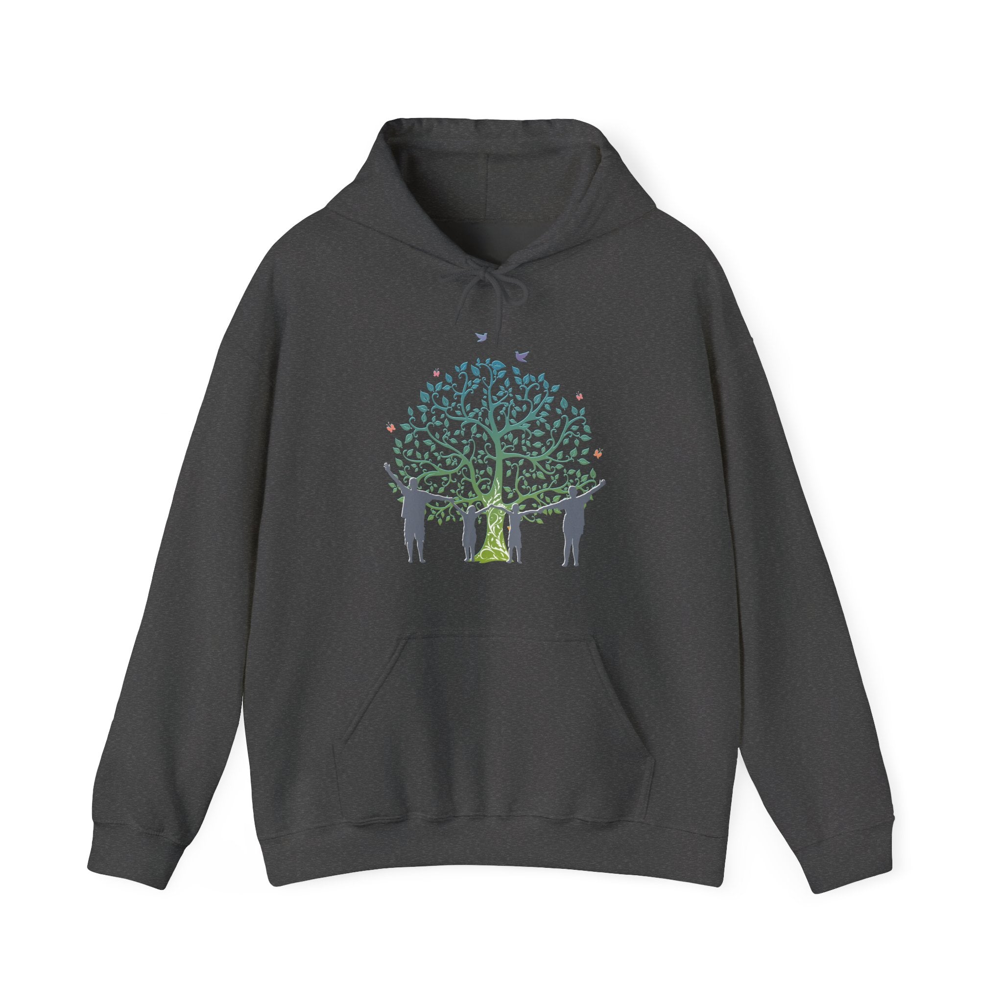 Dark gray hoodie with a graphic of people around a tree on a white background