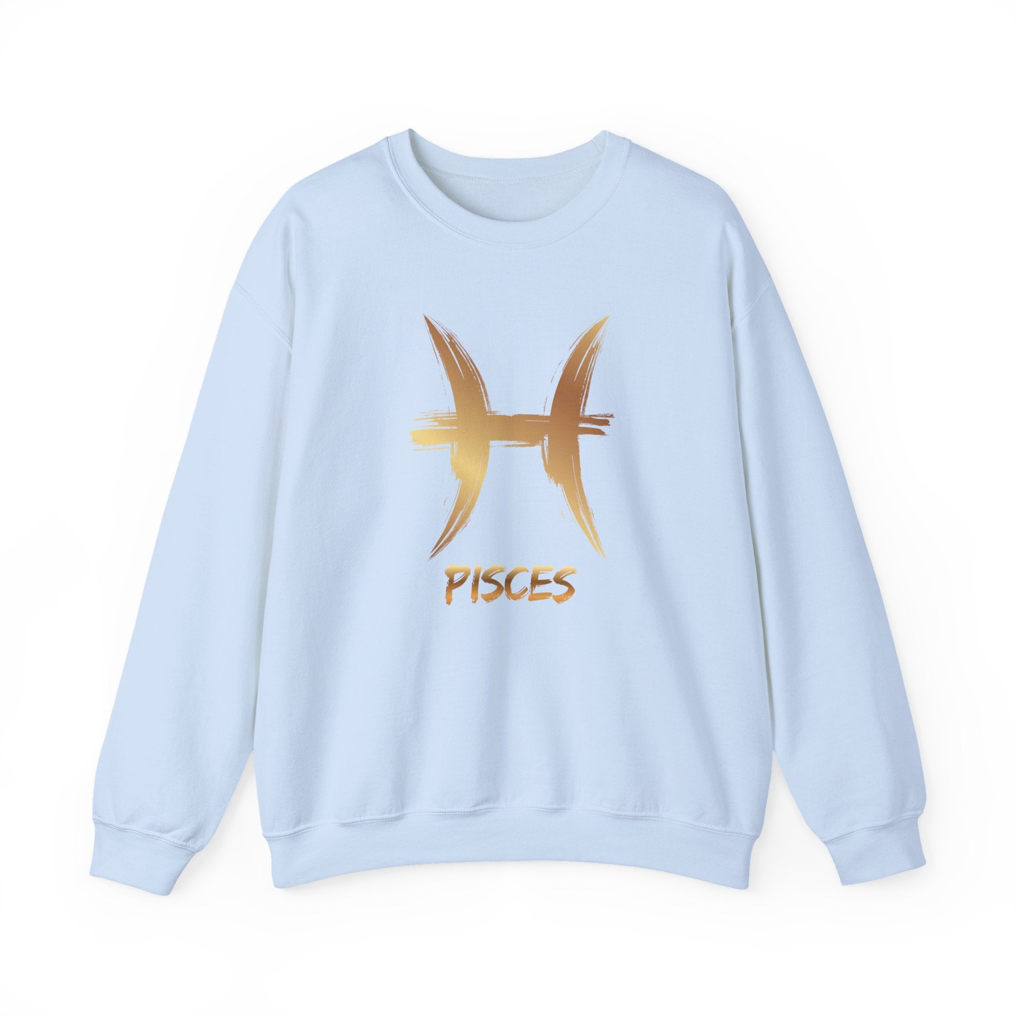 Light blue sweatshirt with gold Pisces symbol and text on a white background