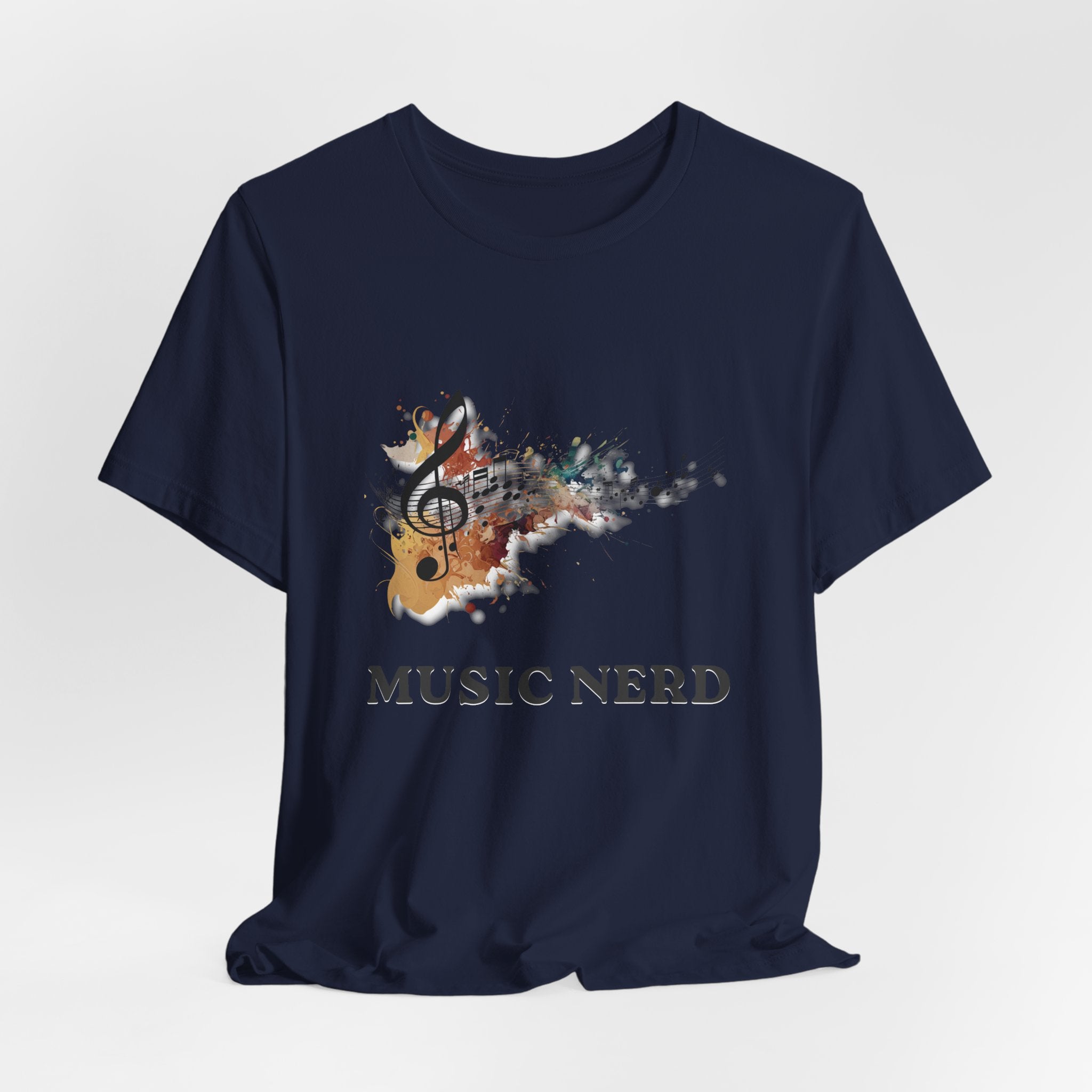 Navy blue t-shirt with 'Music Nerd' design featuring a treble clef and guitar on a white background