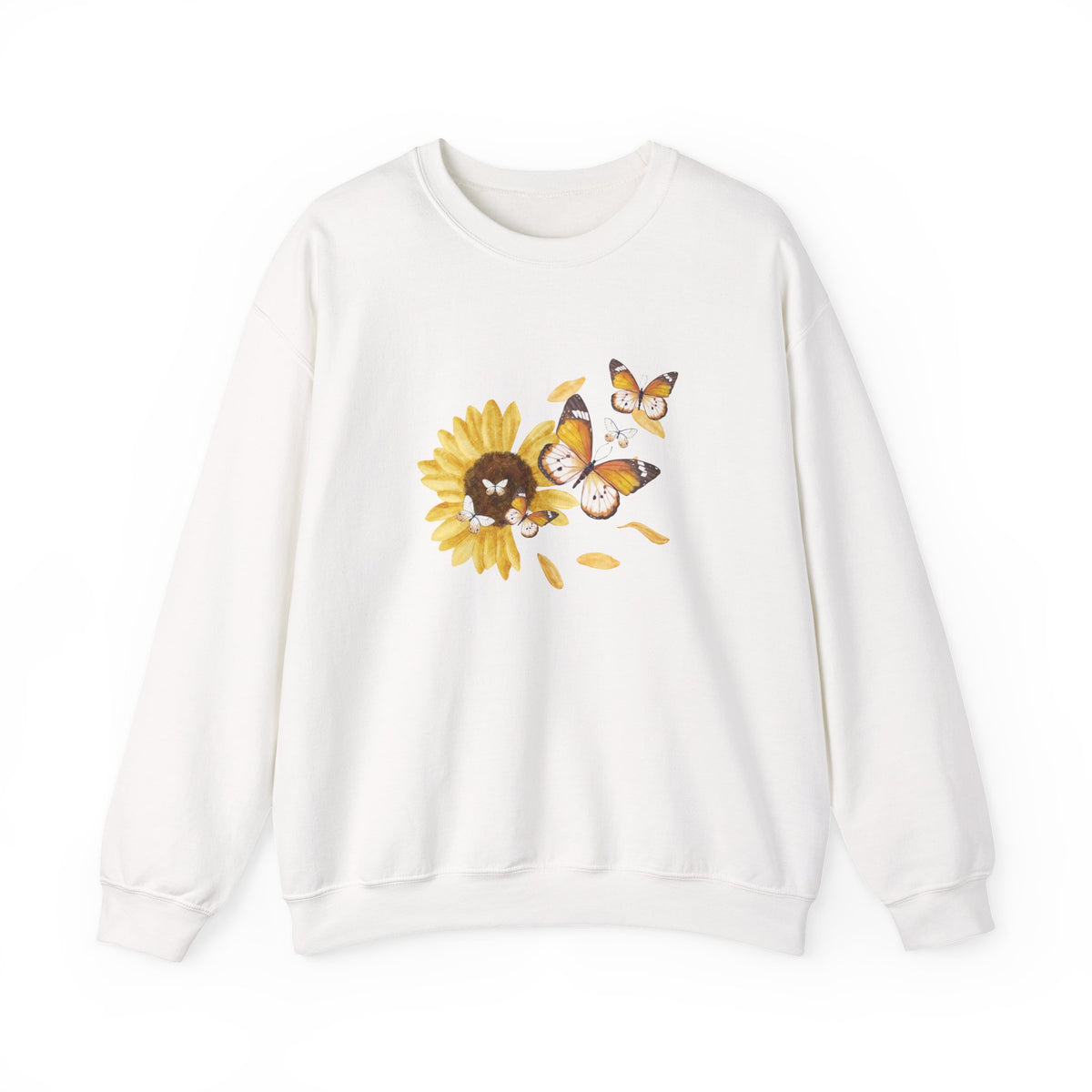 White sweatshirt with a sunflower and butterfly design on a white background