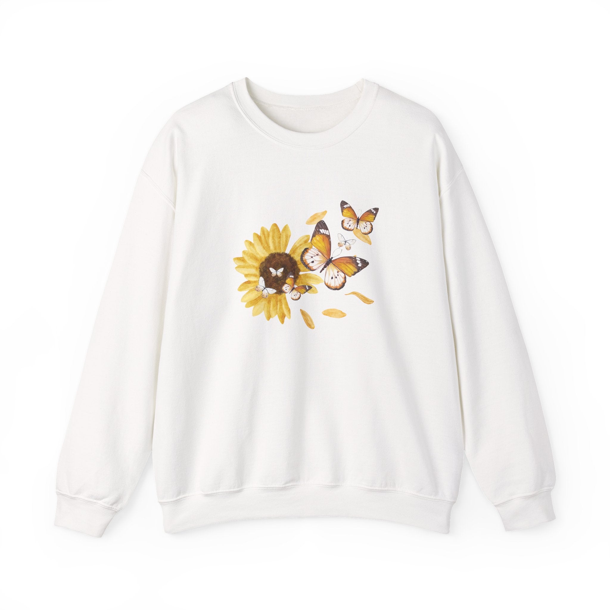 White sweatshirt with a sunflower and butterfly design on a white background